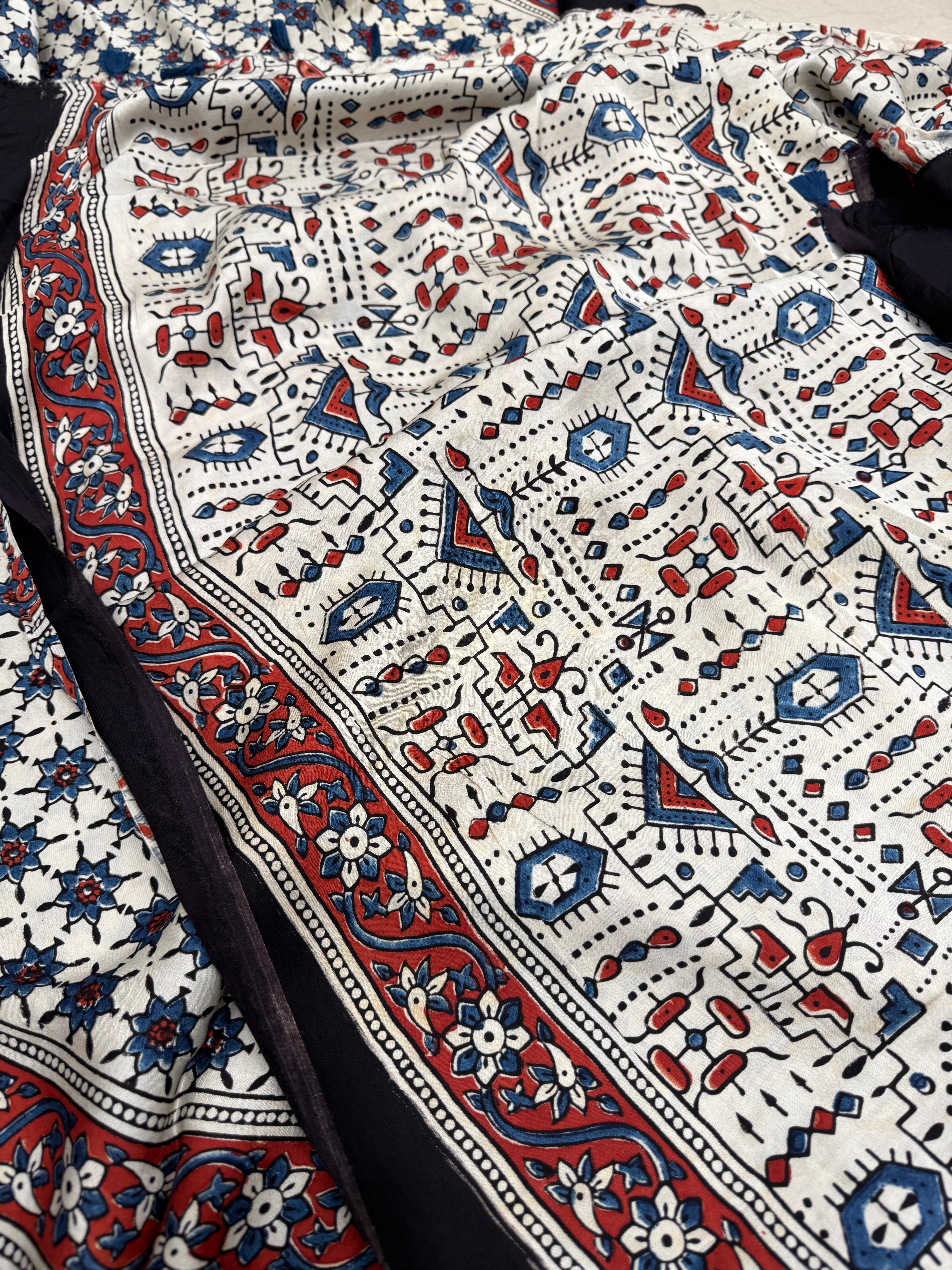 White Blue Star Modal Silk Ajrakh Saree