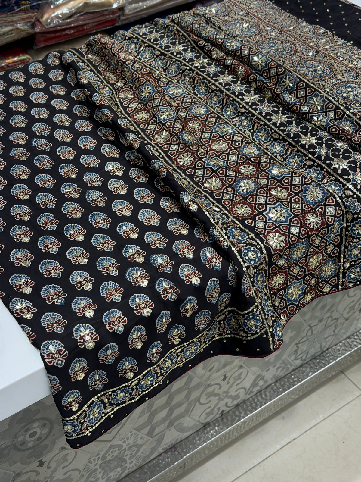 Black Keri Butti Ajrakh Sequin Moti Hand Embroidery Saree