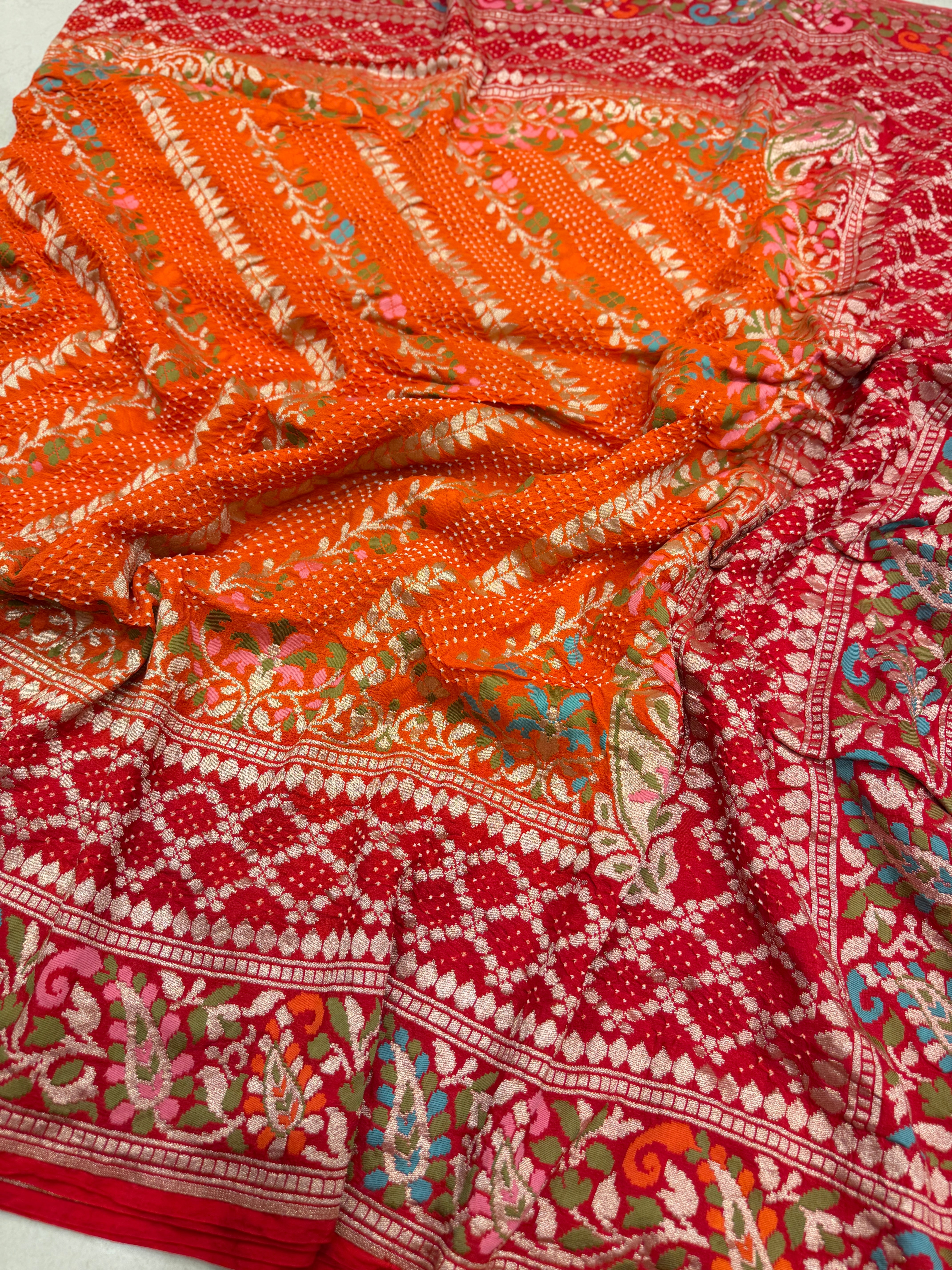 Orange Red Shaded Pashmina Style Double Border Meenakari Rai Bandhej Georgette Saree