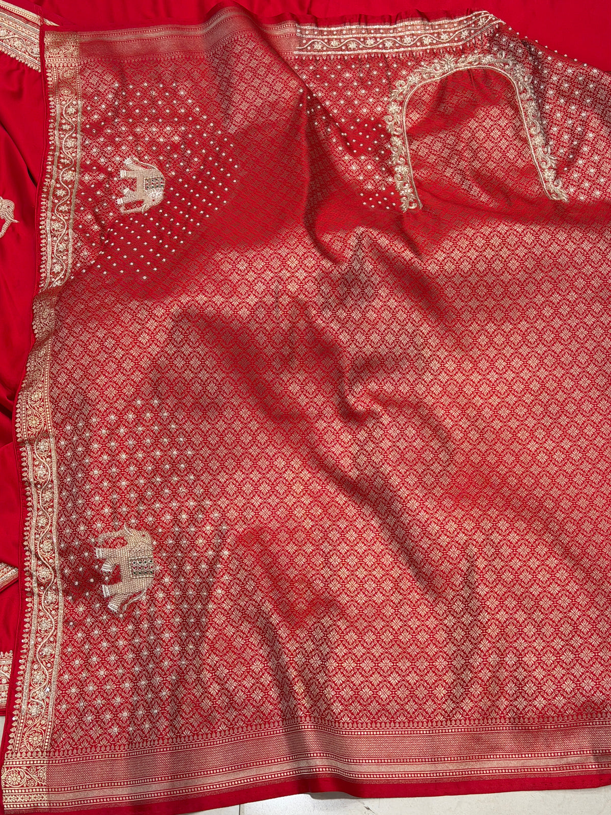 Red Banarasi Gajraj Motif Zardosi Hand Embroidery Saree