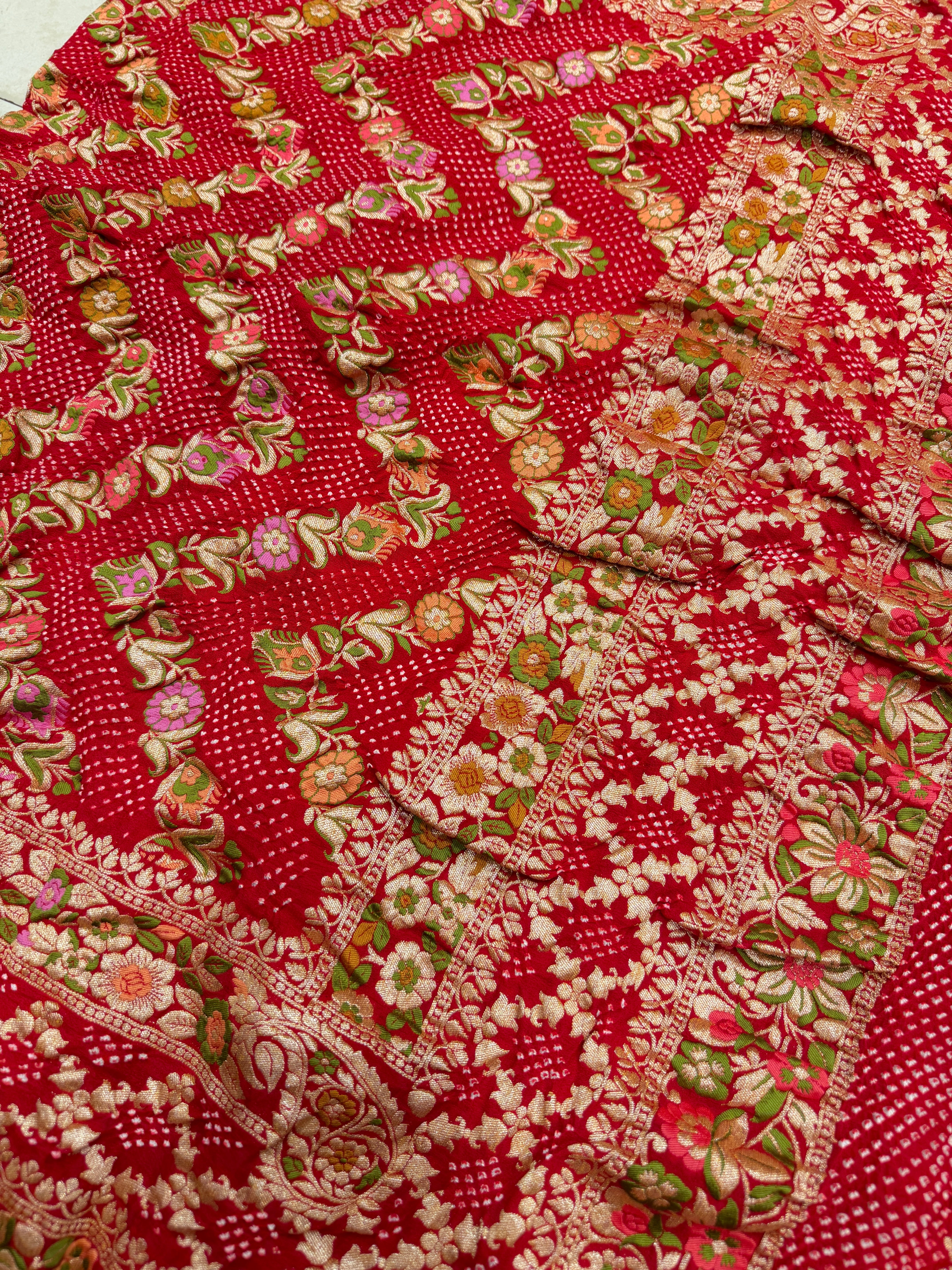 Red Floral Meenakari Georgette Rai Bandhej Saree