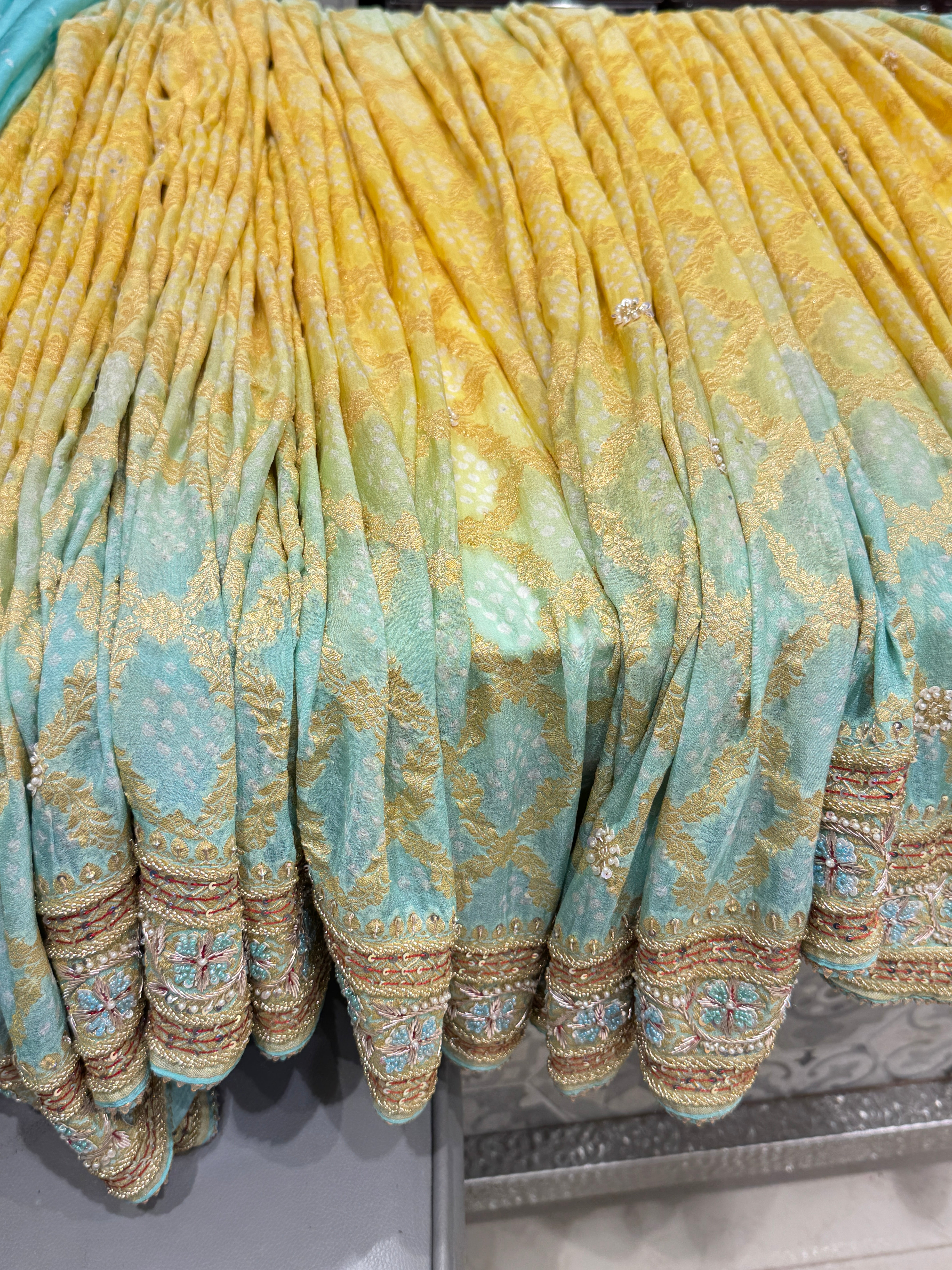 Pastel Shaded Bandhej Hand Embroidery Saree