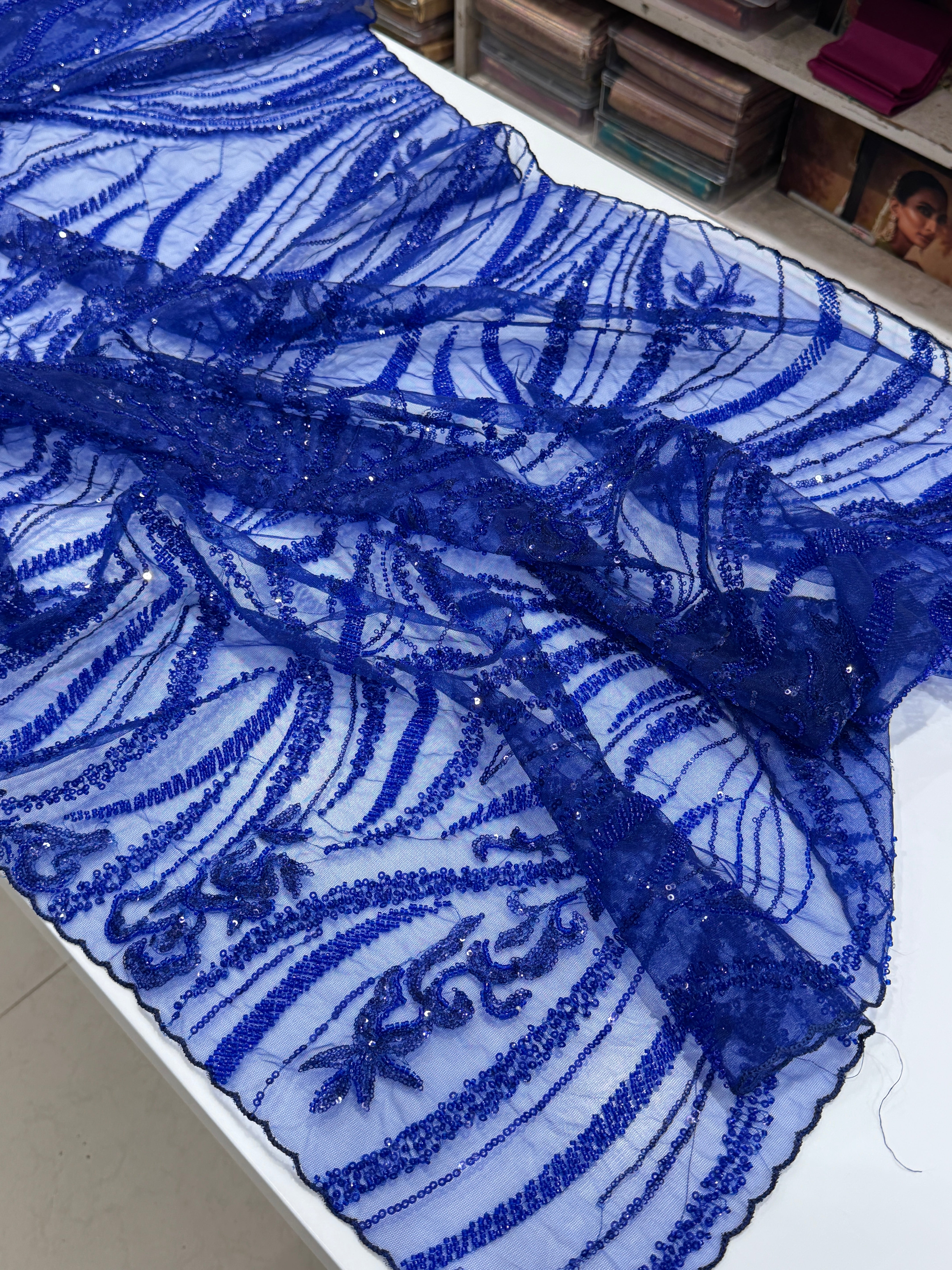 Royal Blue Soft Net Moti Sequin Embroidery Saree