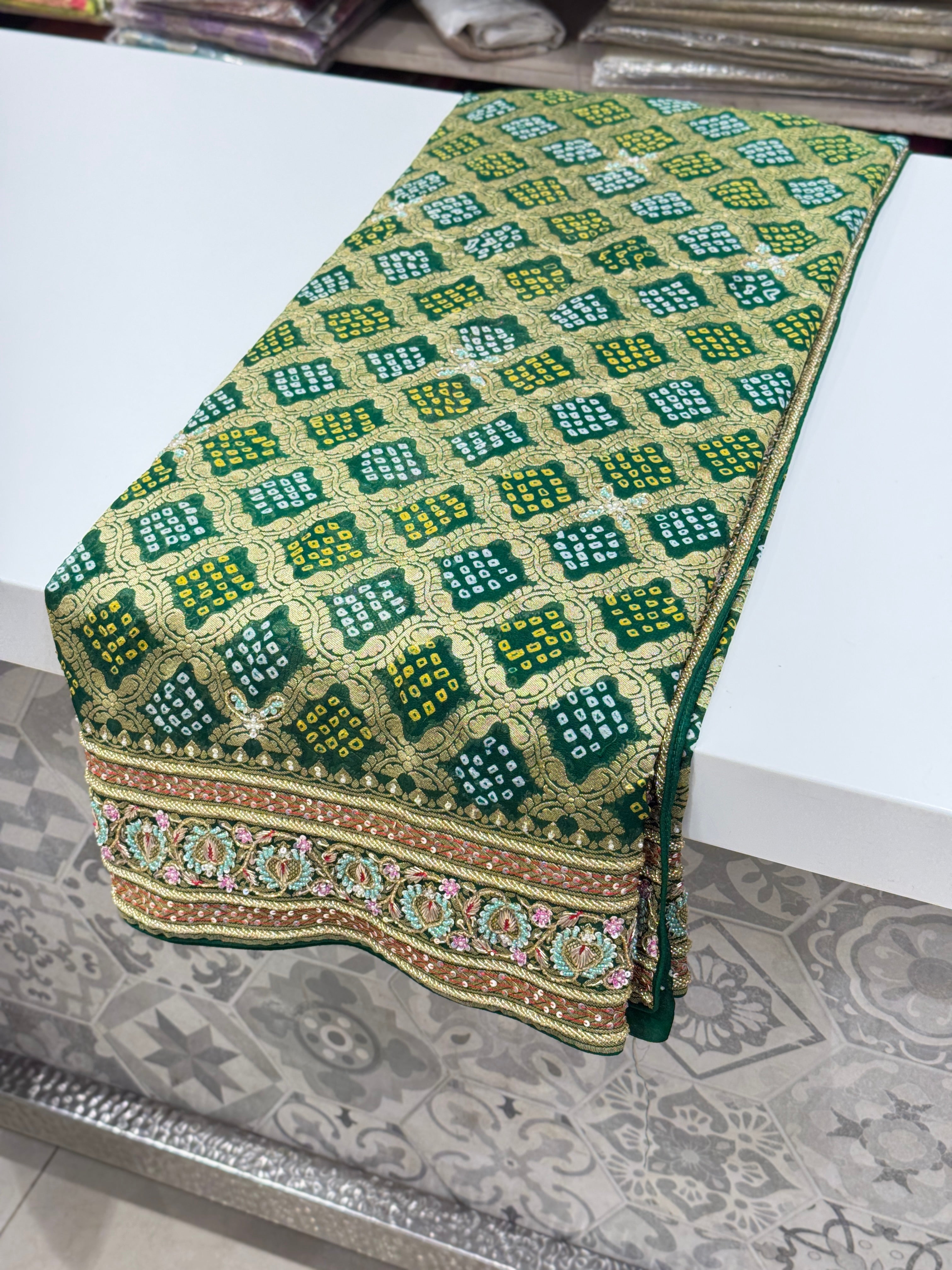 Bottle Green Bandhej Hand Embroidery Saree