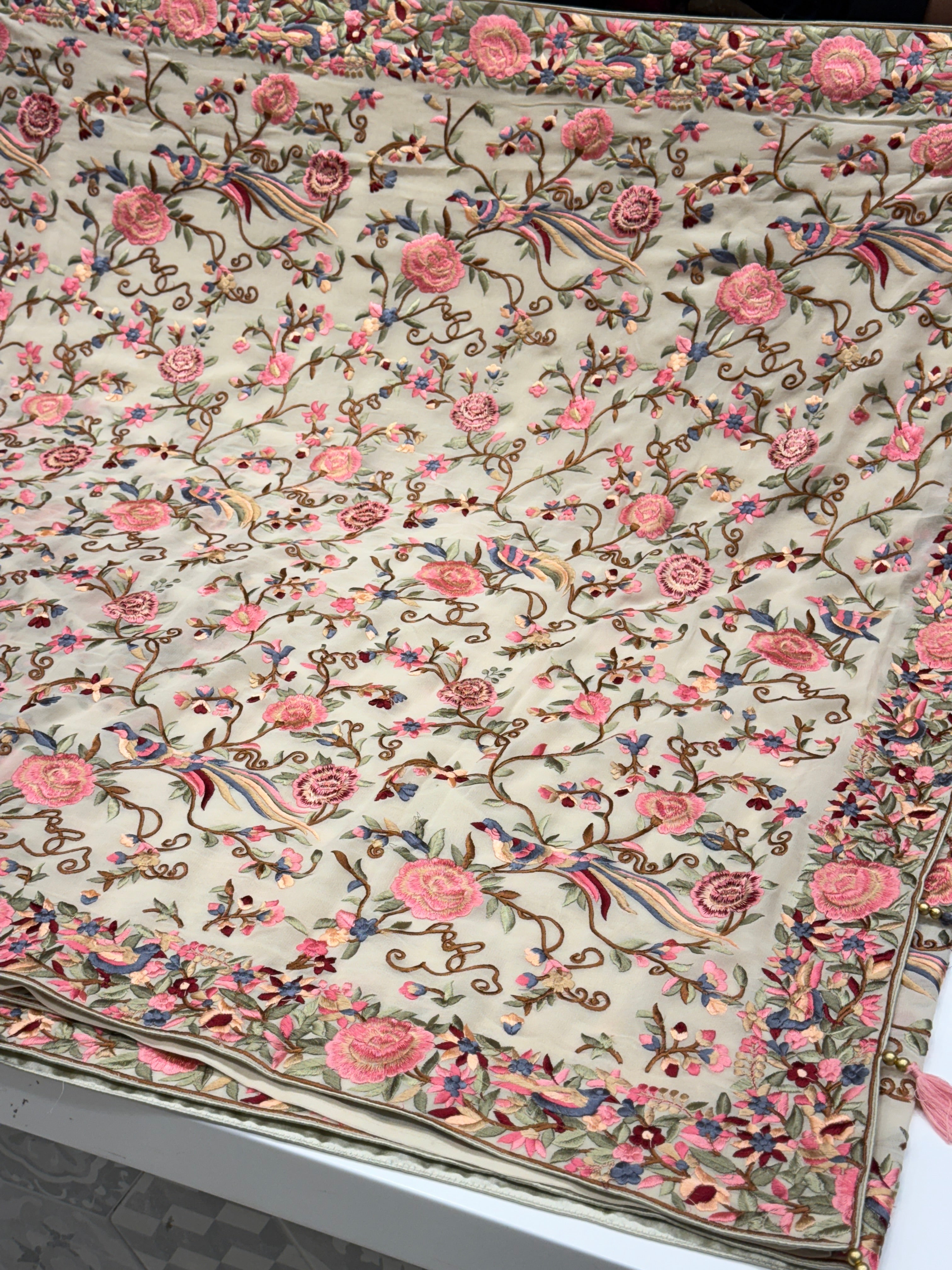 White Georgette Multi Colour Jaal Flamingo Parsi Gara Saree