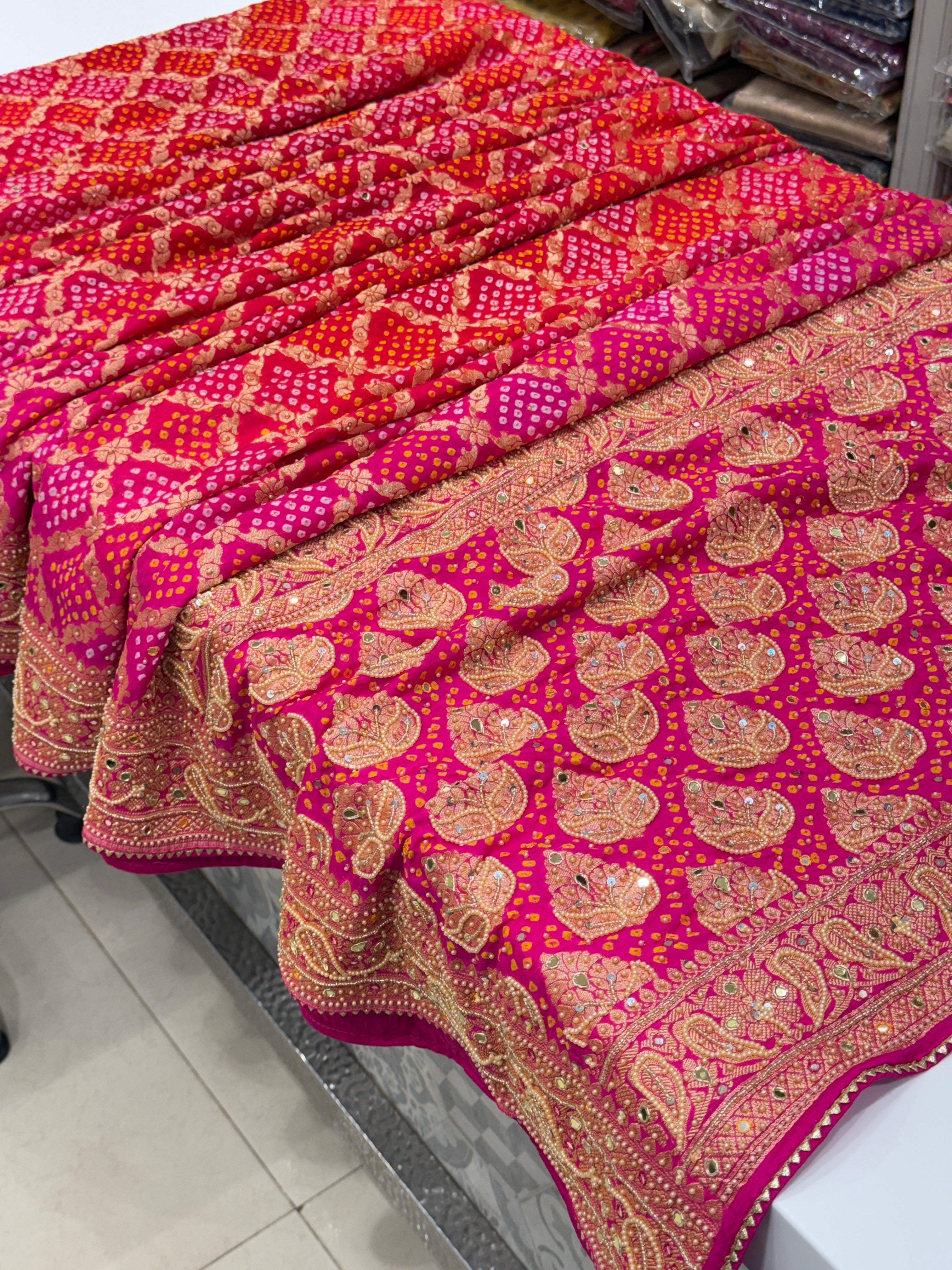 Shaded Rani Red Bandhej Moti Hand Embroidery Saree