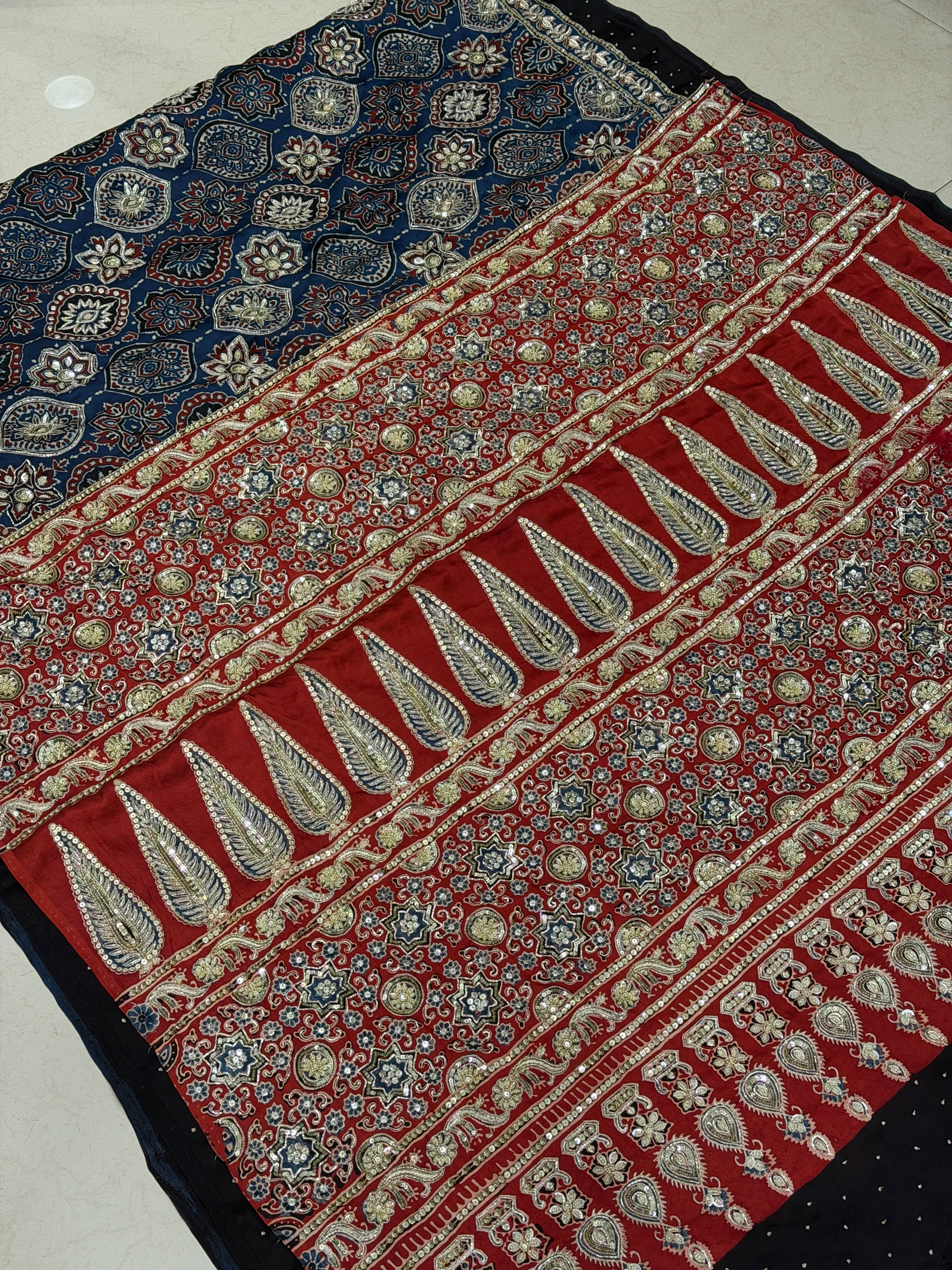 Blue Red Badam Butta Pita Zardosi Sequin Ajrakh Hand Embroidery Saree