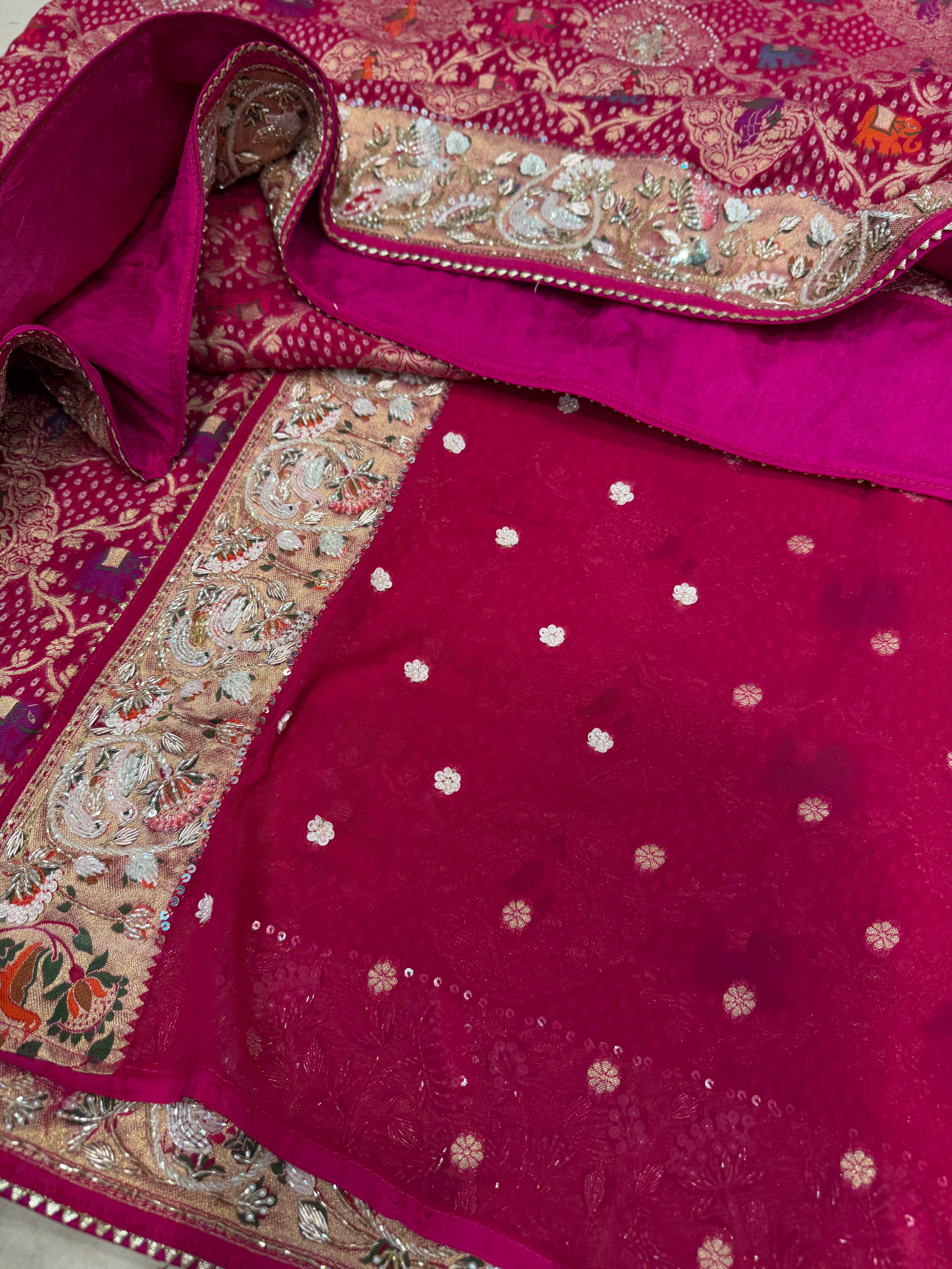 Rani Pink Woven Bandhej Moti Sequin Zardosi Hand Embroidery Saree