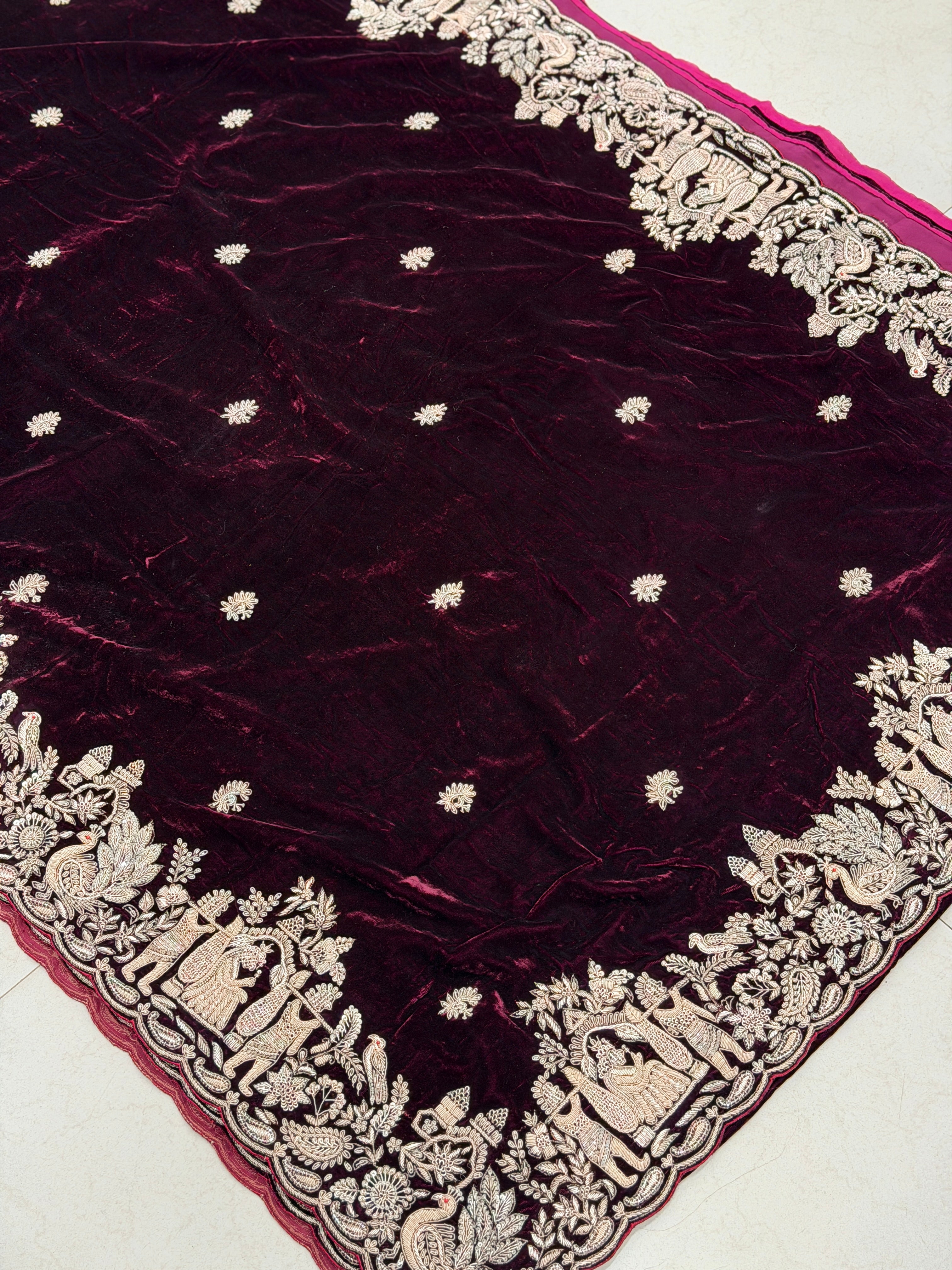 Pure Velvet Zardosi Doli Edit Hand Embroidery Saree