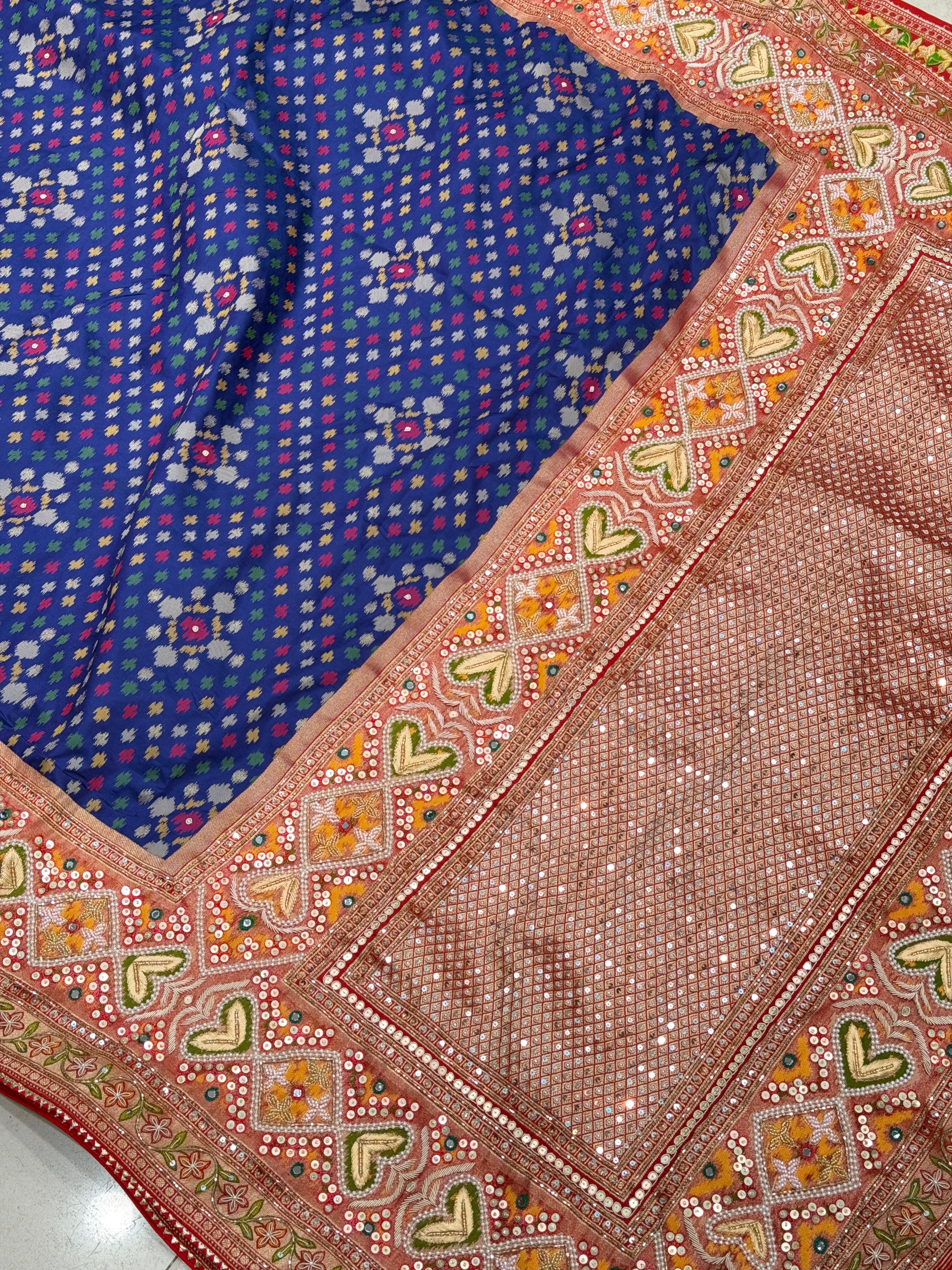 Blue Patola Ikat Weave Hand Embroidery Zardosi Kidiya Moti Hand Embroidery Saree