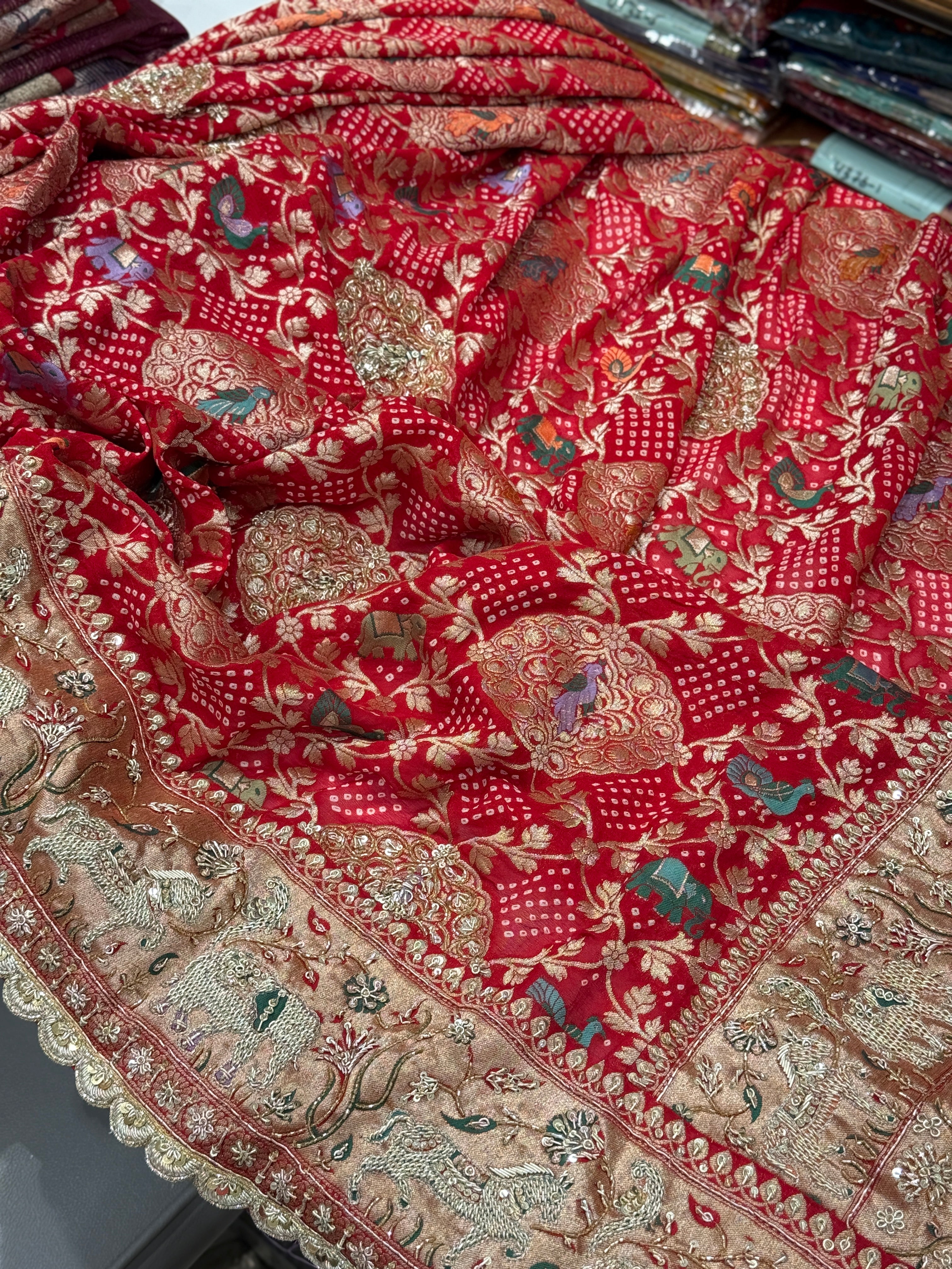 Red Meenakari Bandhej Zardosi Embroidery Saree