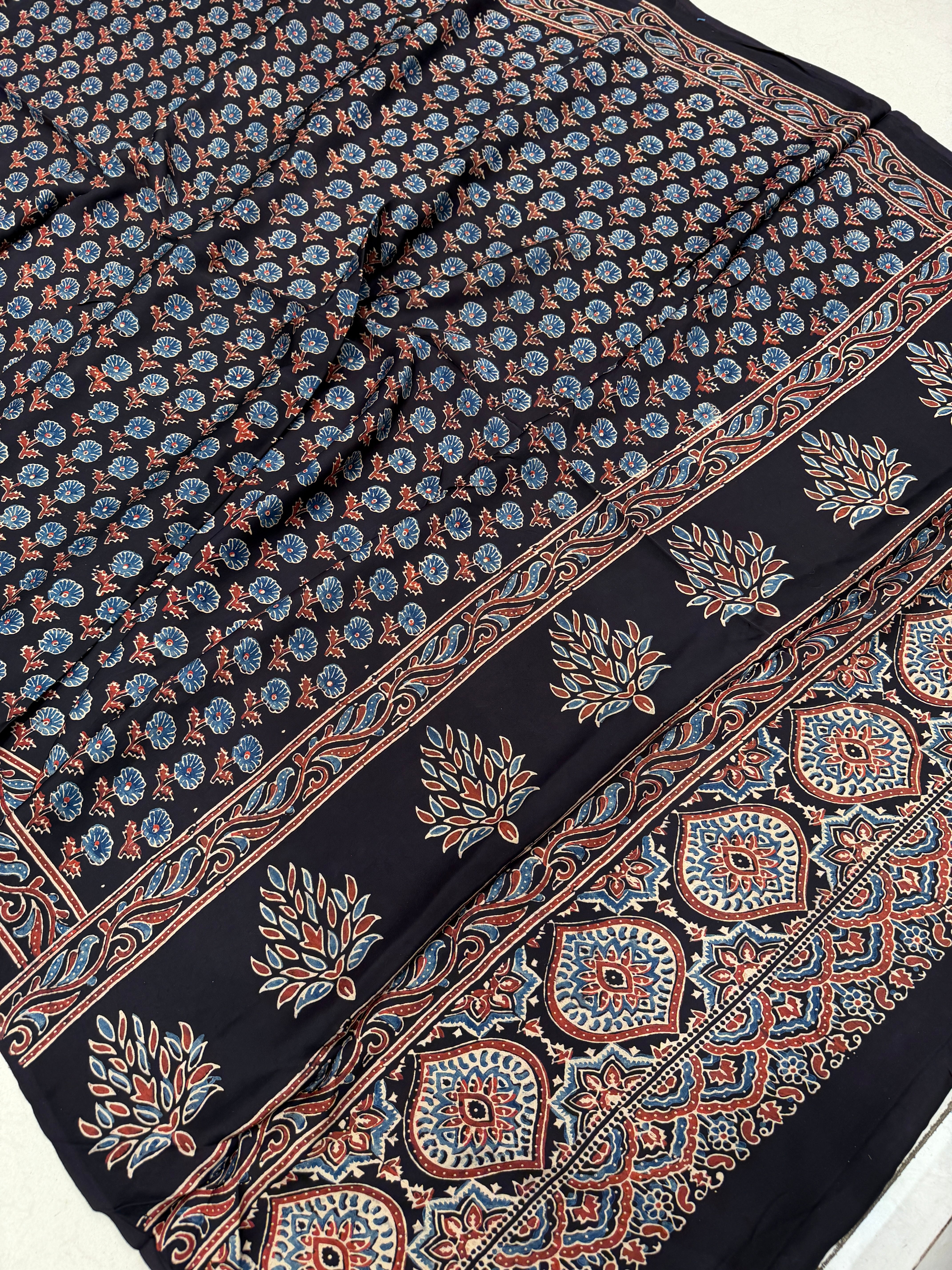 Black Buttis Ajrakh Hand Block Print Pure Gajji Silk Dupatta