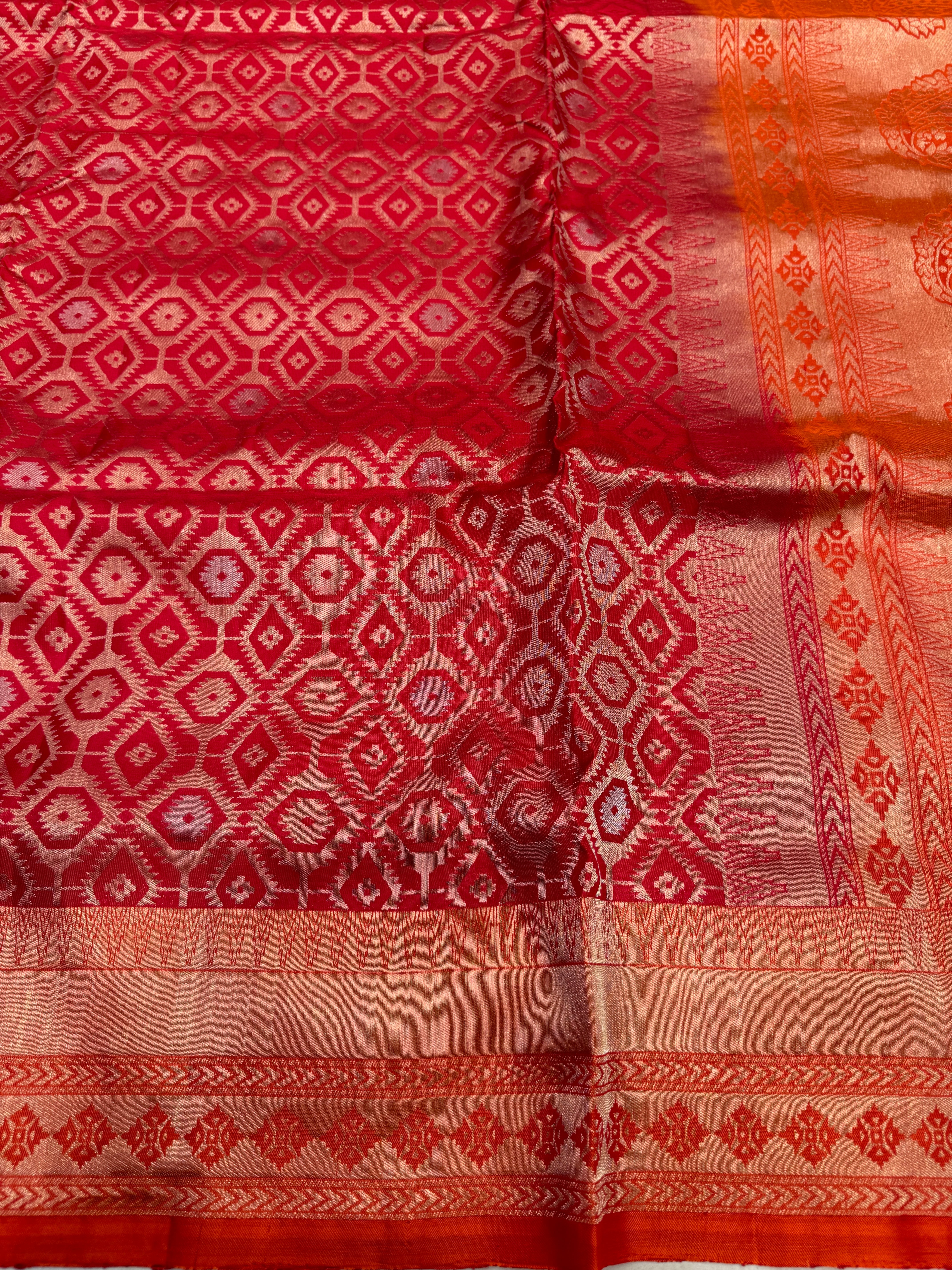 Red Orange Patola Design Inspired Handloom Kanchipuram Pure Silk Saree