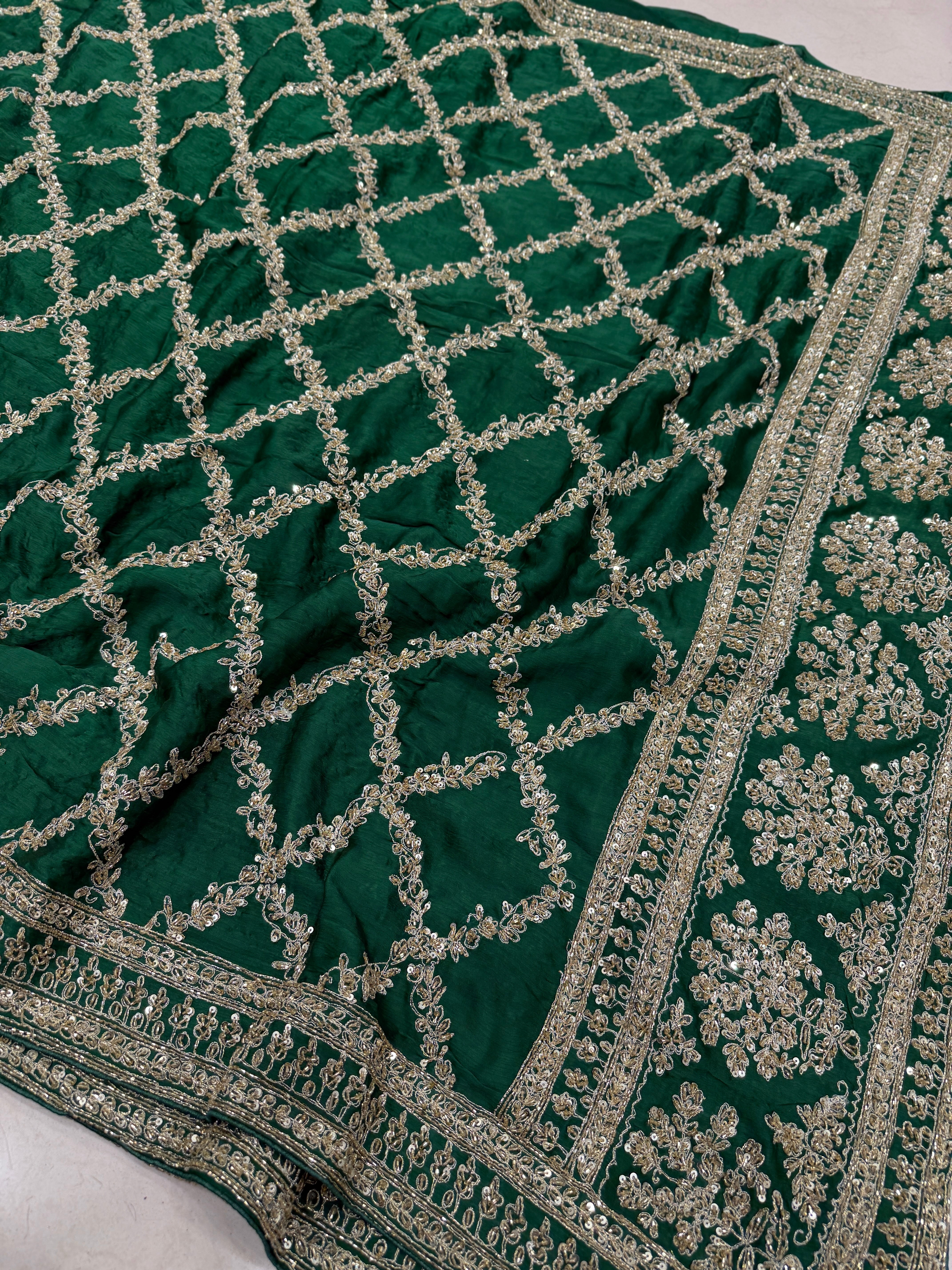 Bottle Green Crepe Satin Sabyasachi Inspired Zardosi Jaal Embroidery Saree