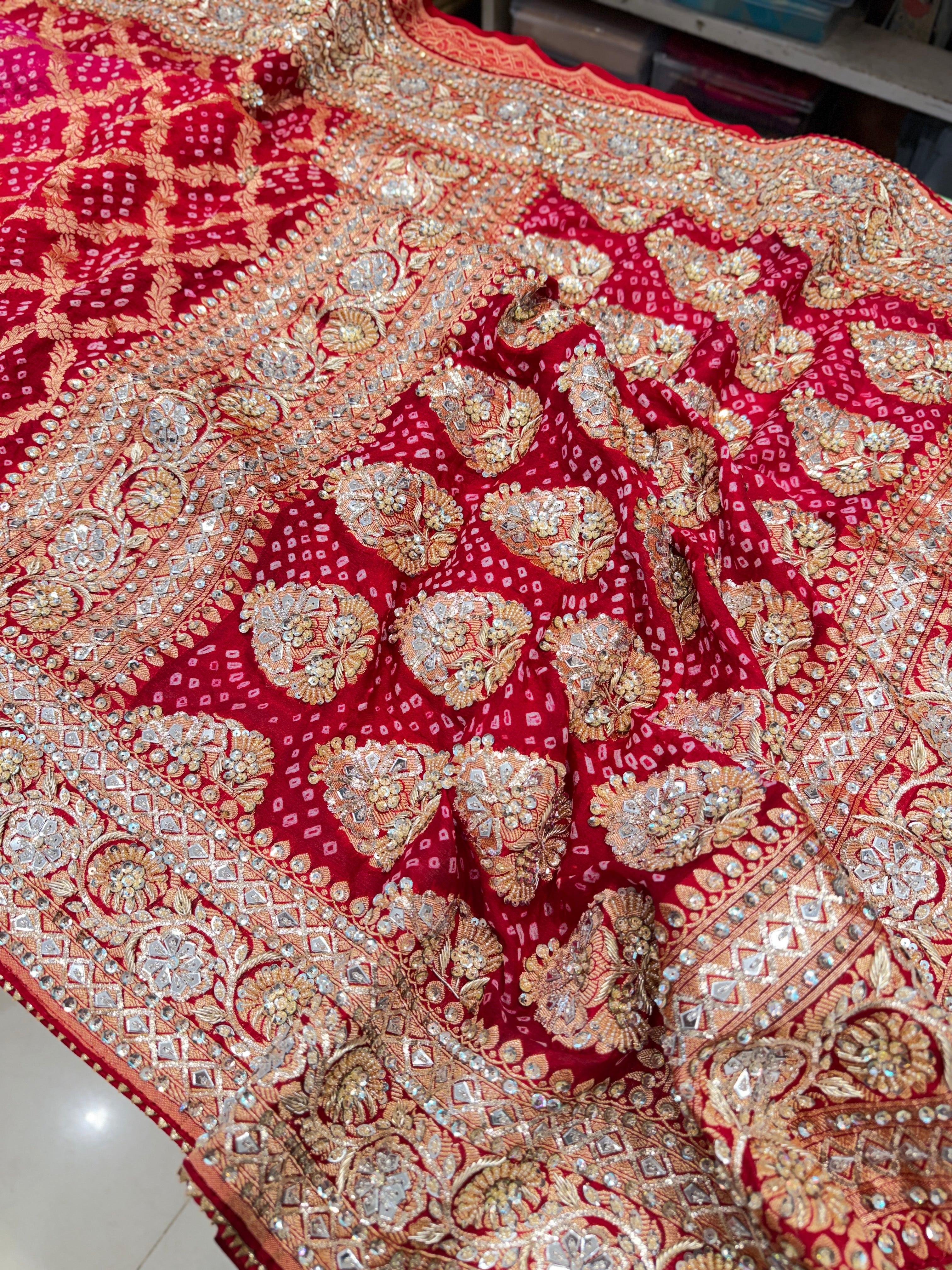 Red Rani Shaded Bandhej Zardosi Pita Hand Embroidery Saree