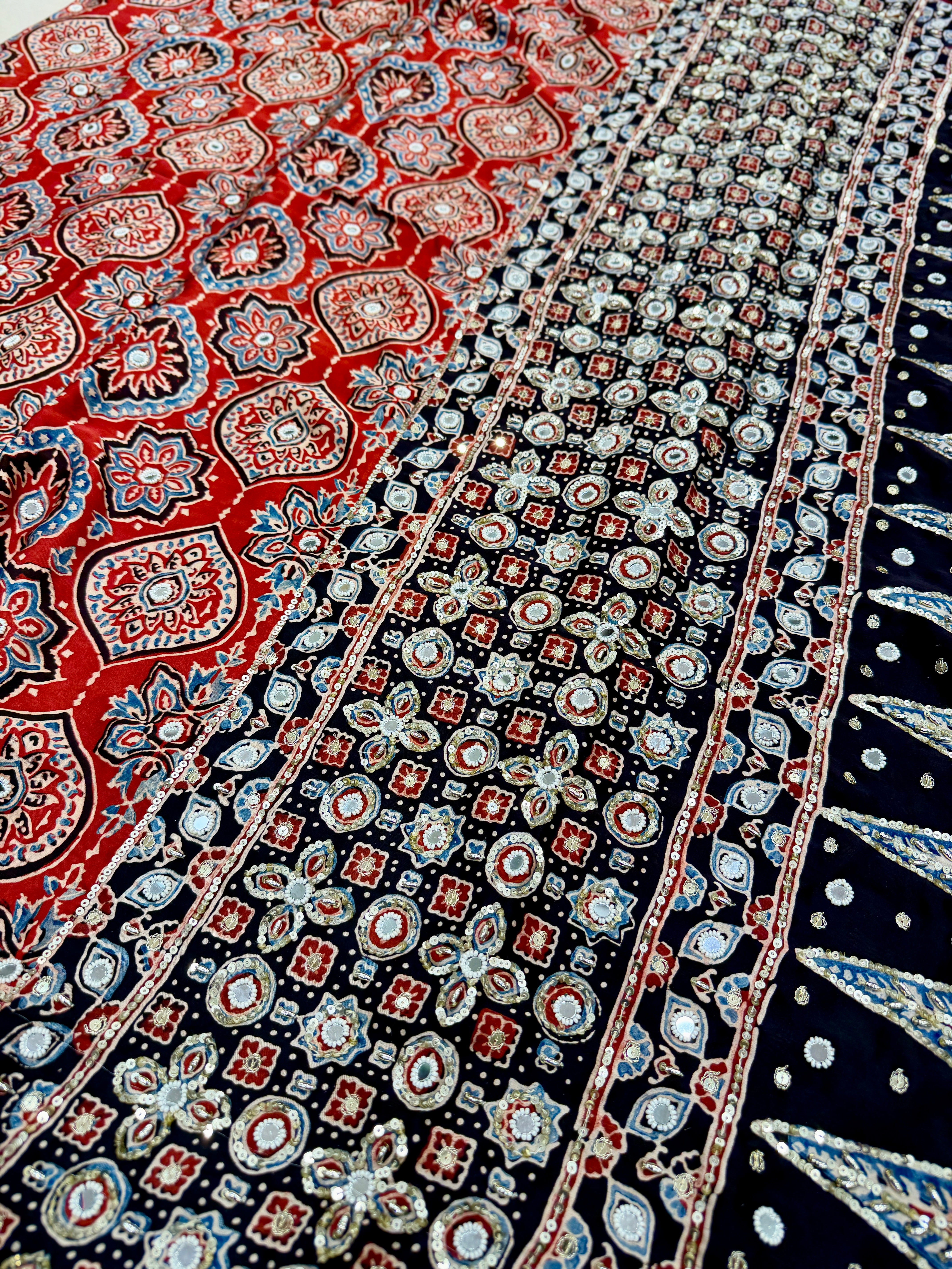 Red Black Badam Jaal Ajrakh Real Mirror Moti Sequin Hand Embroidery Saree