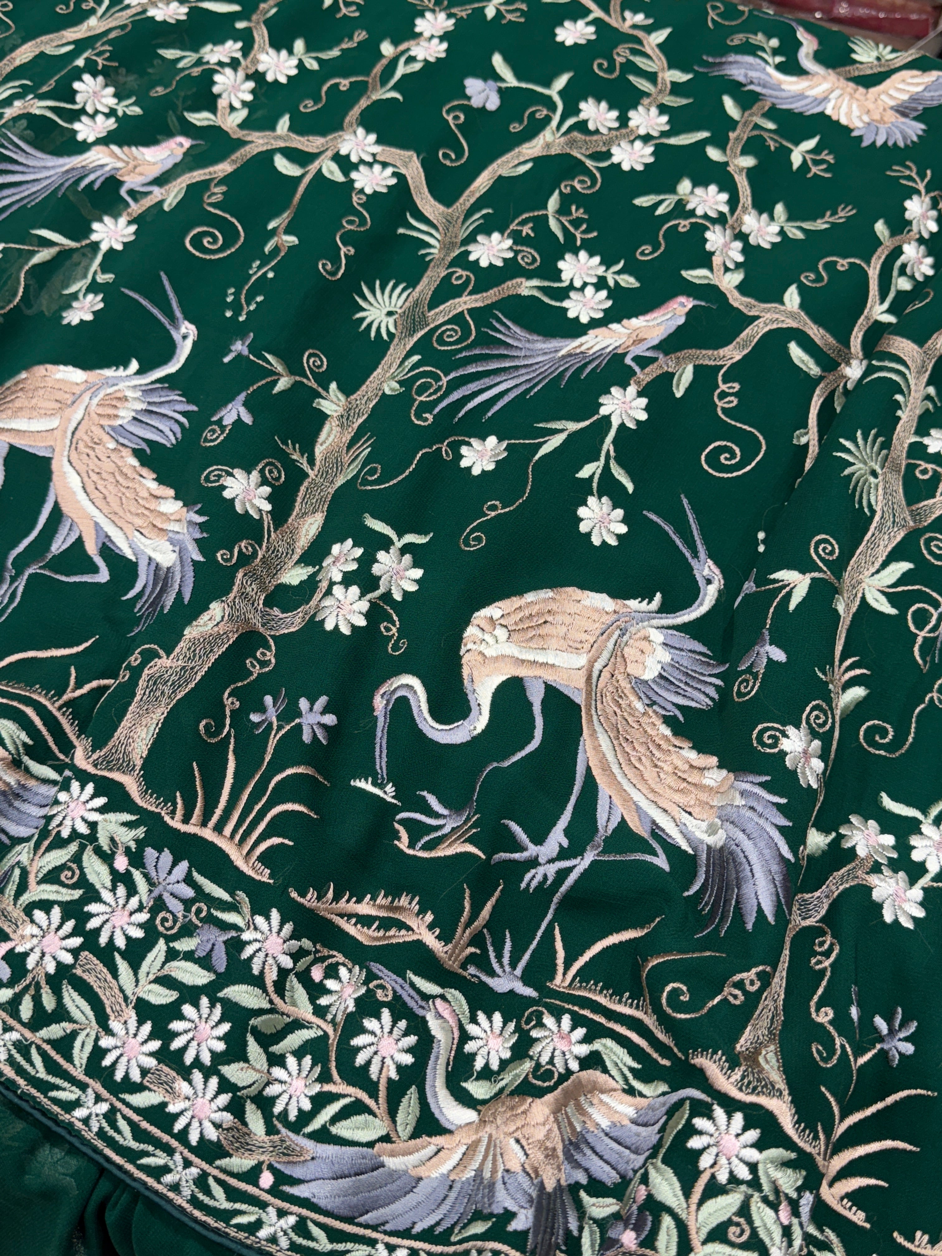 Bottle Green Tree Of Life Flamingo Parsi Gara Saree