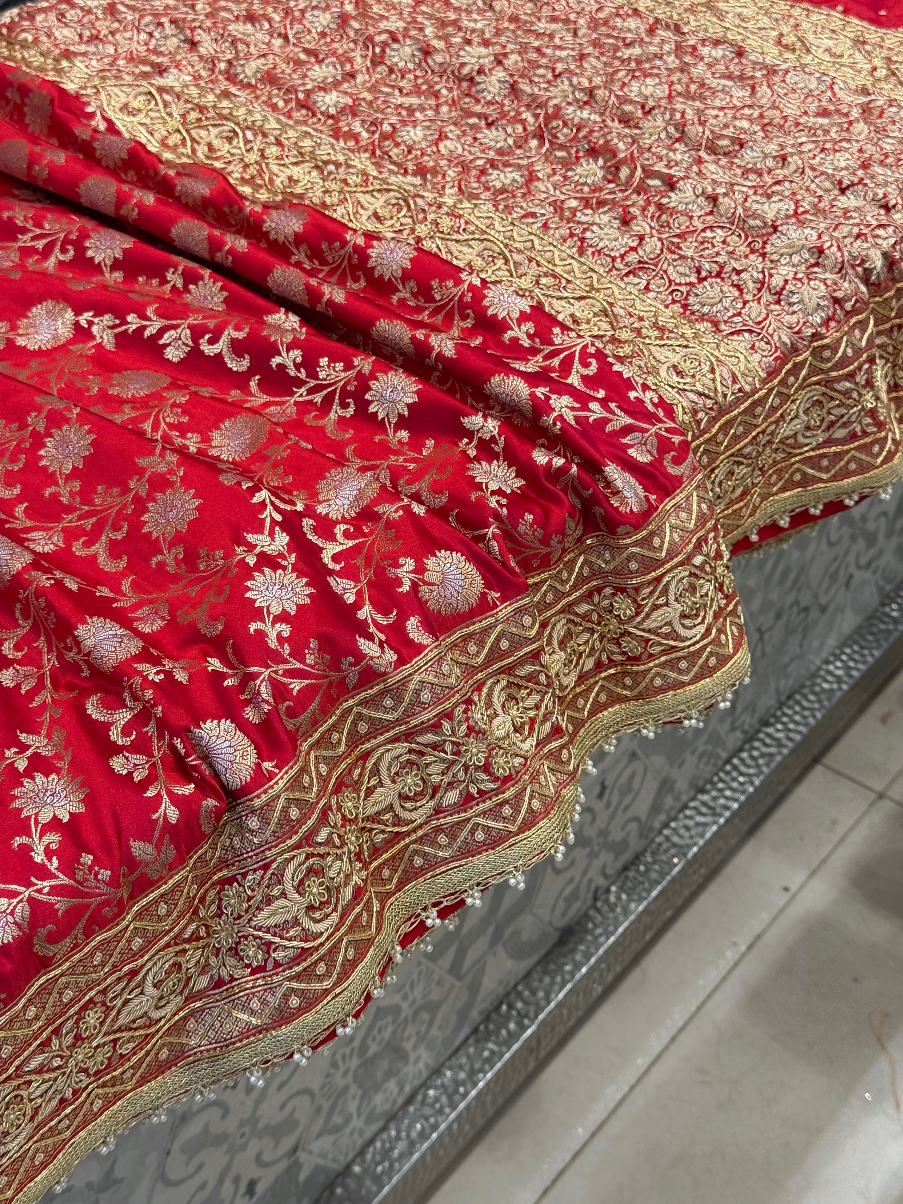 Red Banarasi Silk Small Jaal Zardosi Saree