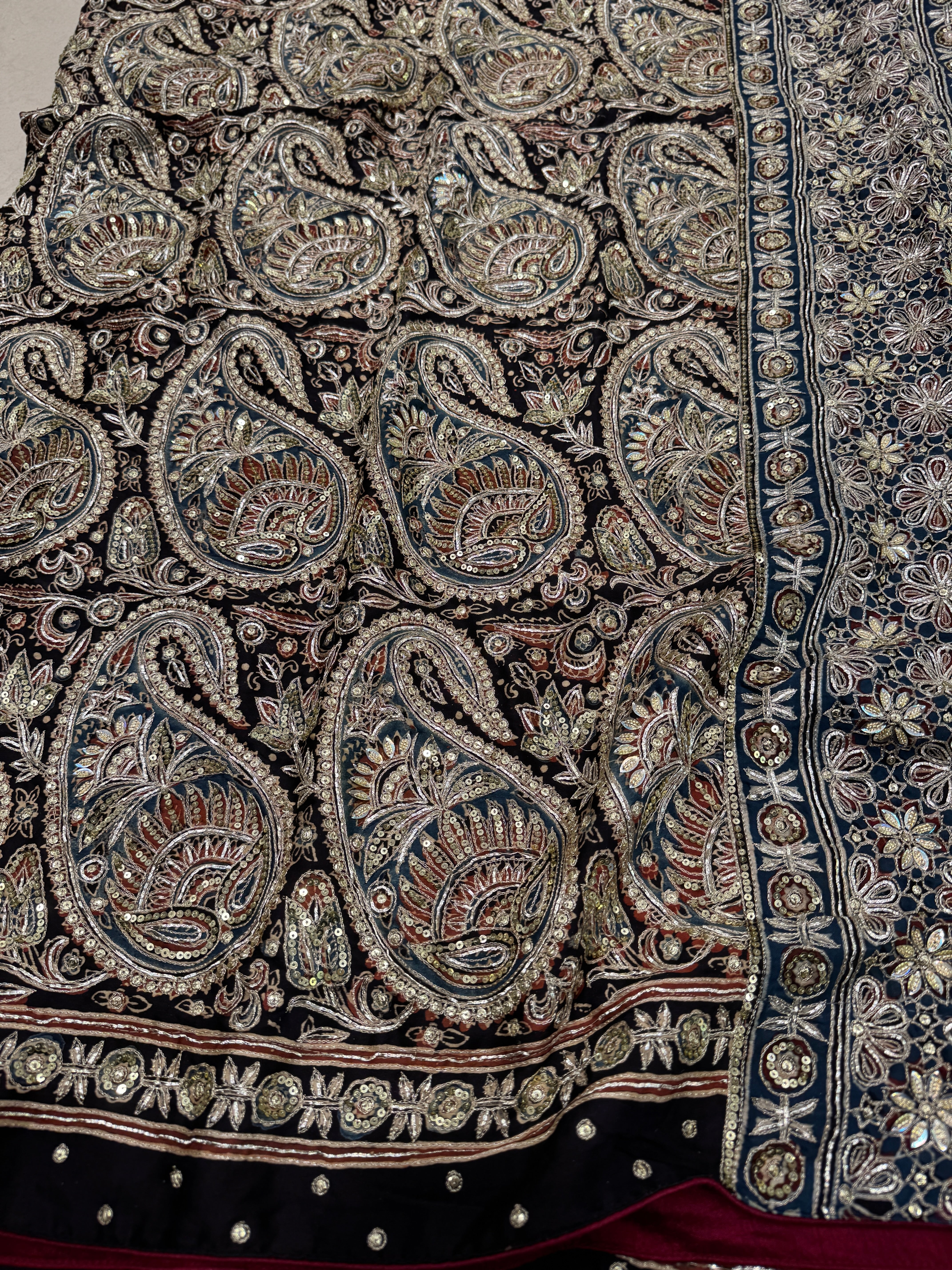 Black Keri Jaal Ajrakh Blue Pallu Hand Embroidery Zardosi and Pita Work