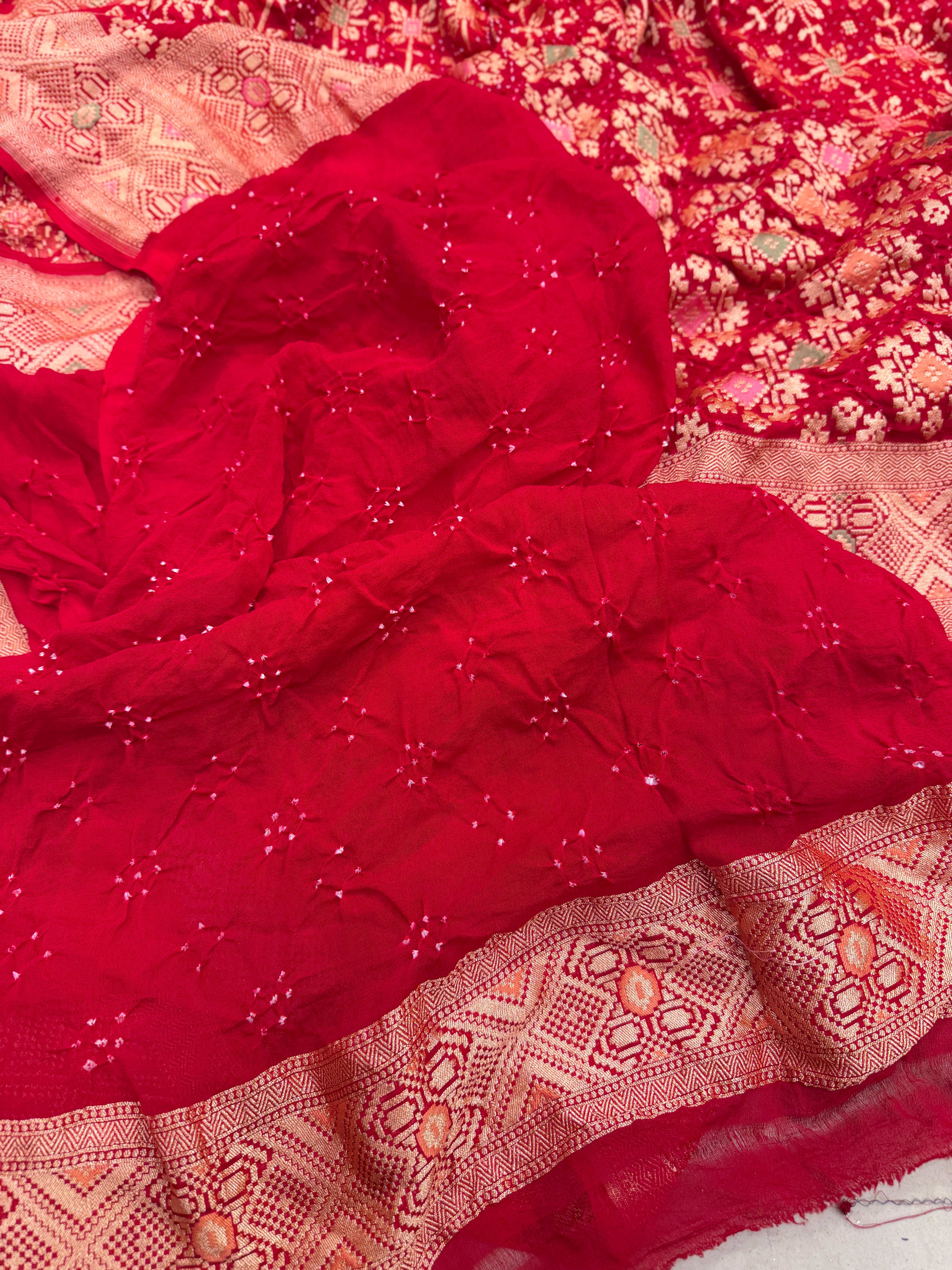 Red Patola Weave Meenakari Georgette Bandhej Saree