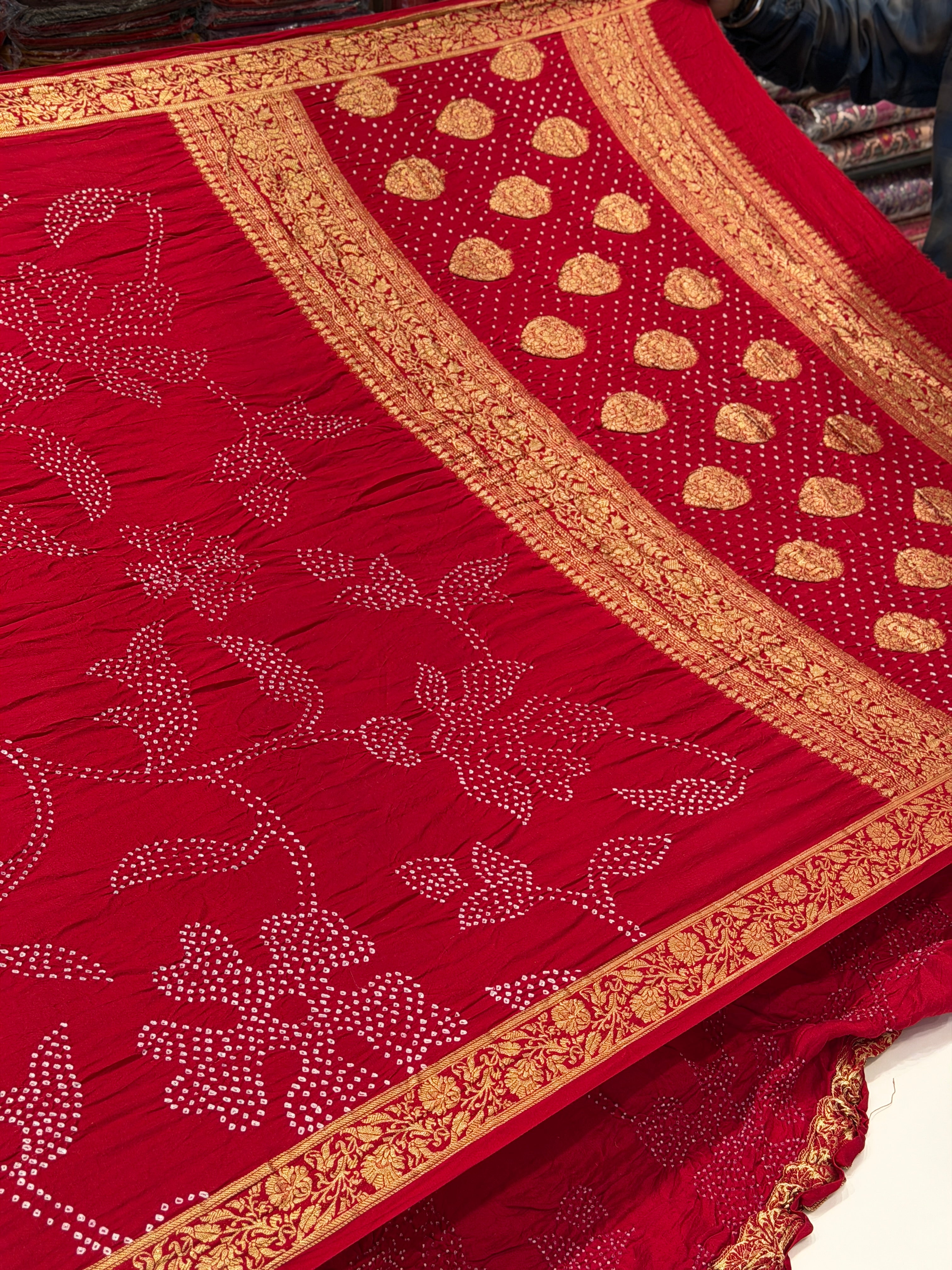Red Ambadal Pure Gajji Silk Rai Bandhej Hand Made Saree