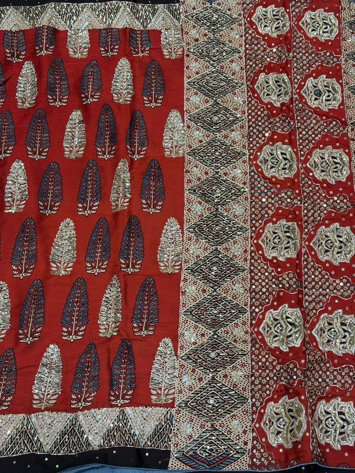 Red Buttas Pita Zardosi Sequin Ajrakh Hand Embroidery Saree