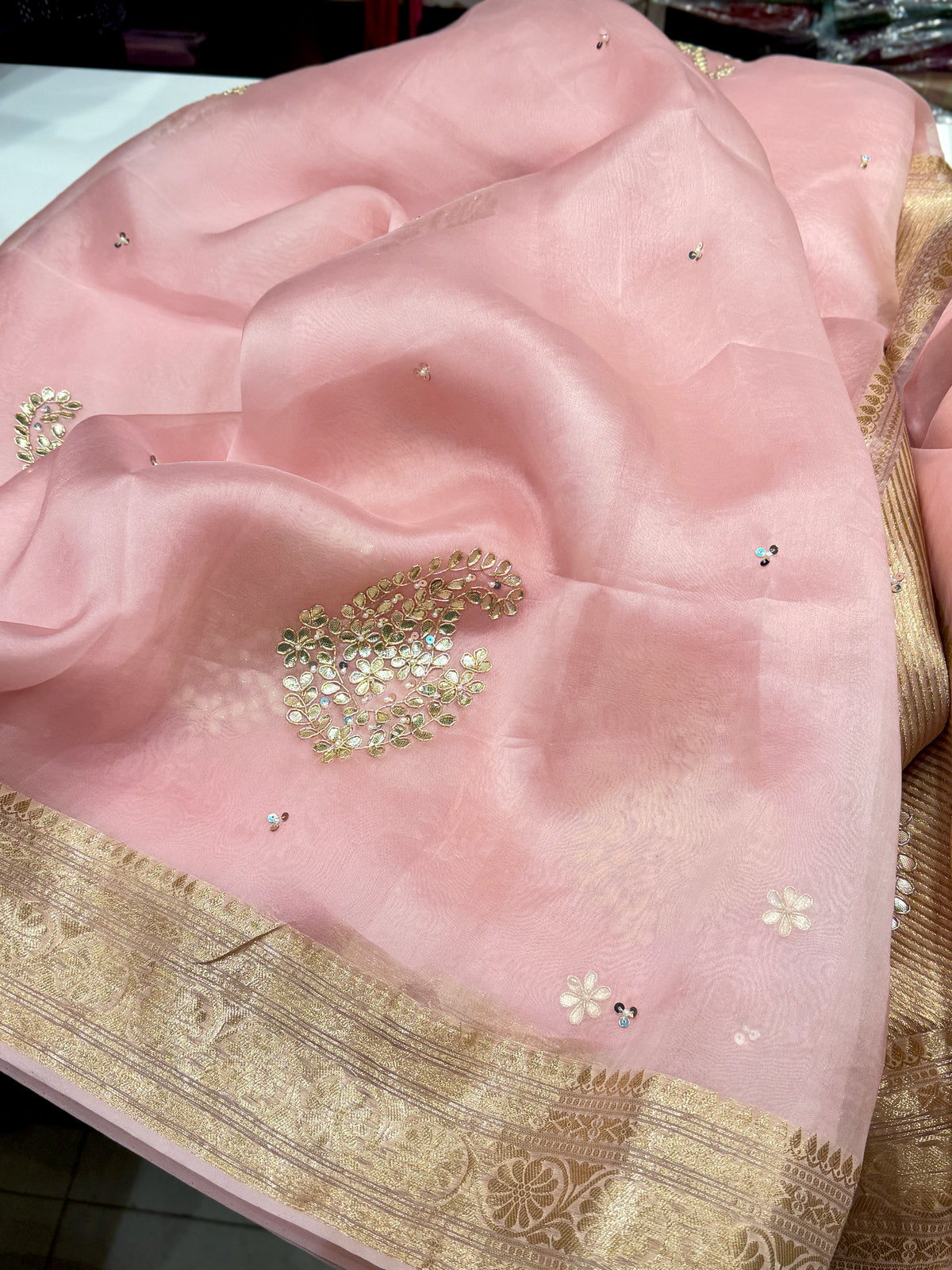 Pink Banarasi Kora Hand Embroidery Gotapatti Butta Saree