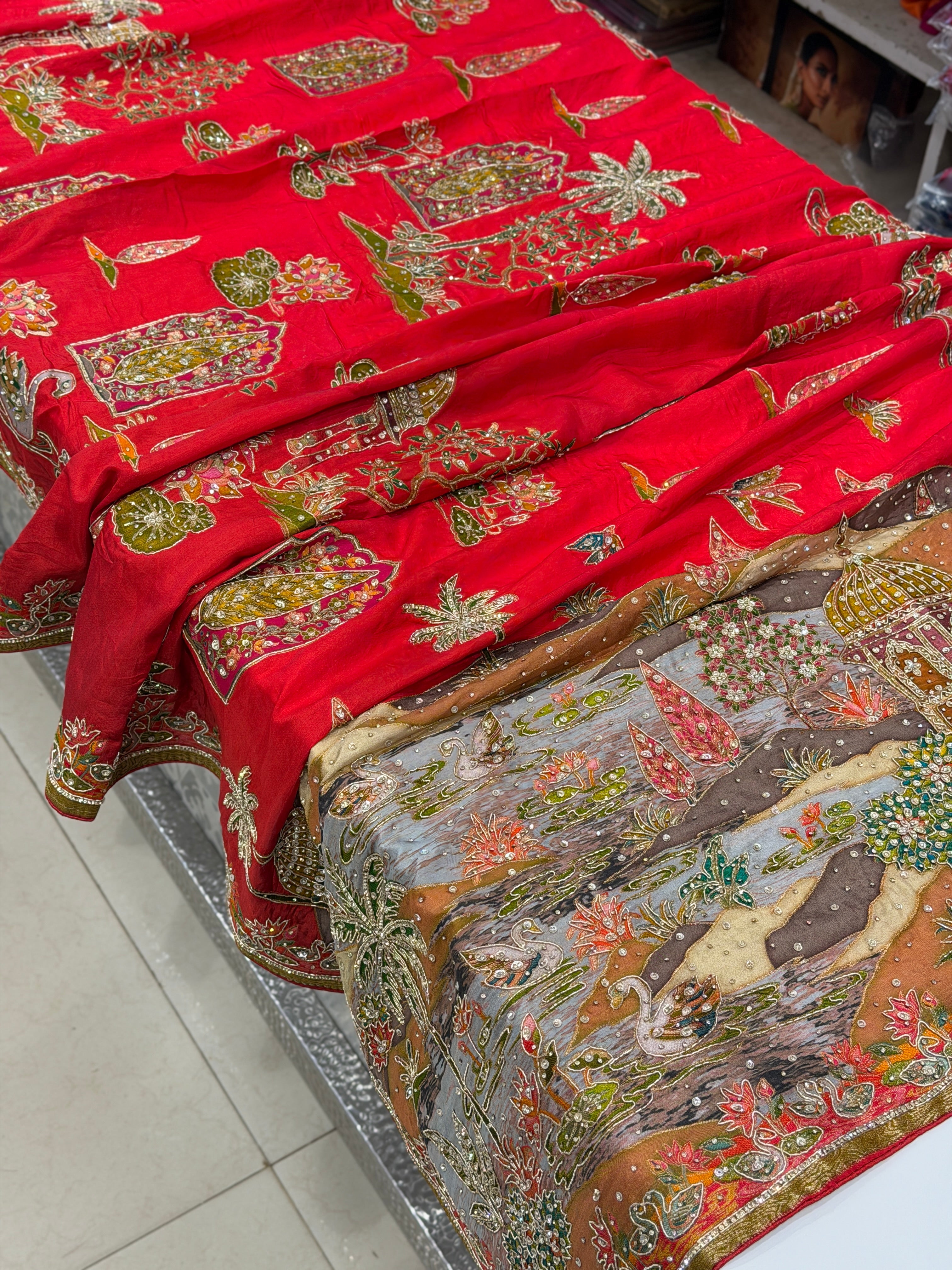 Red Pashmina Inspired Fauna Theme Hand Embroidery Banarasi Munga Saree