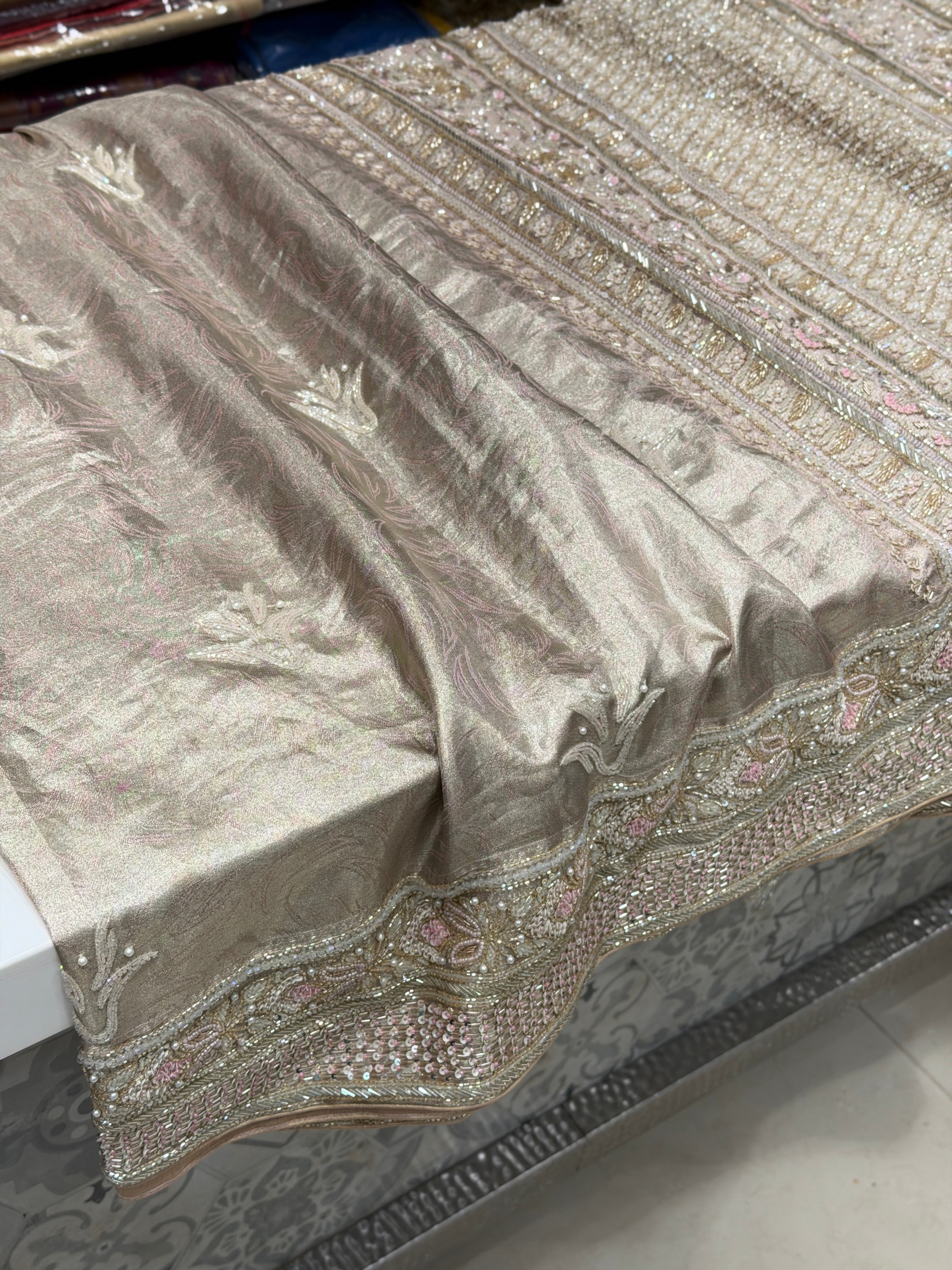 Pink Silver Kanjivaram Three Zari Hand Embroidery Zardosi Moti Sequin Saree