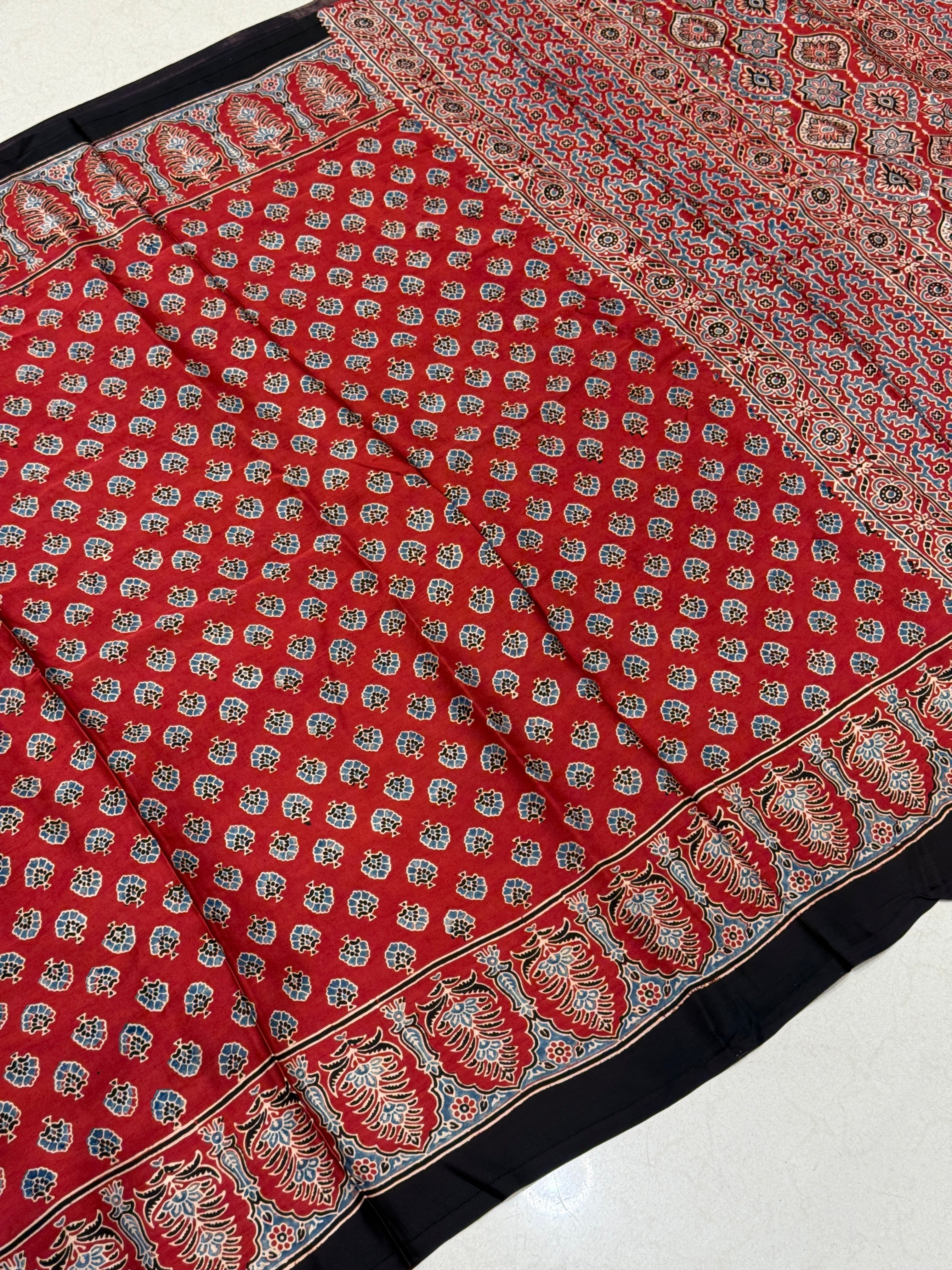 Red Crown Buttis Border Ajrakh Modal Gajji Silk Saree