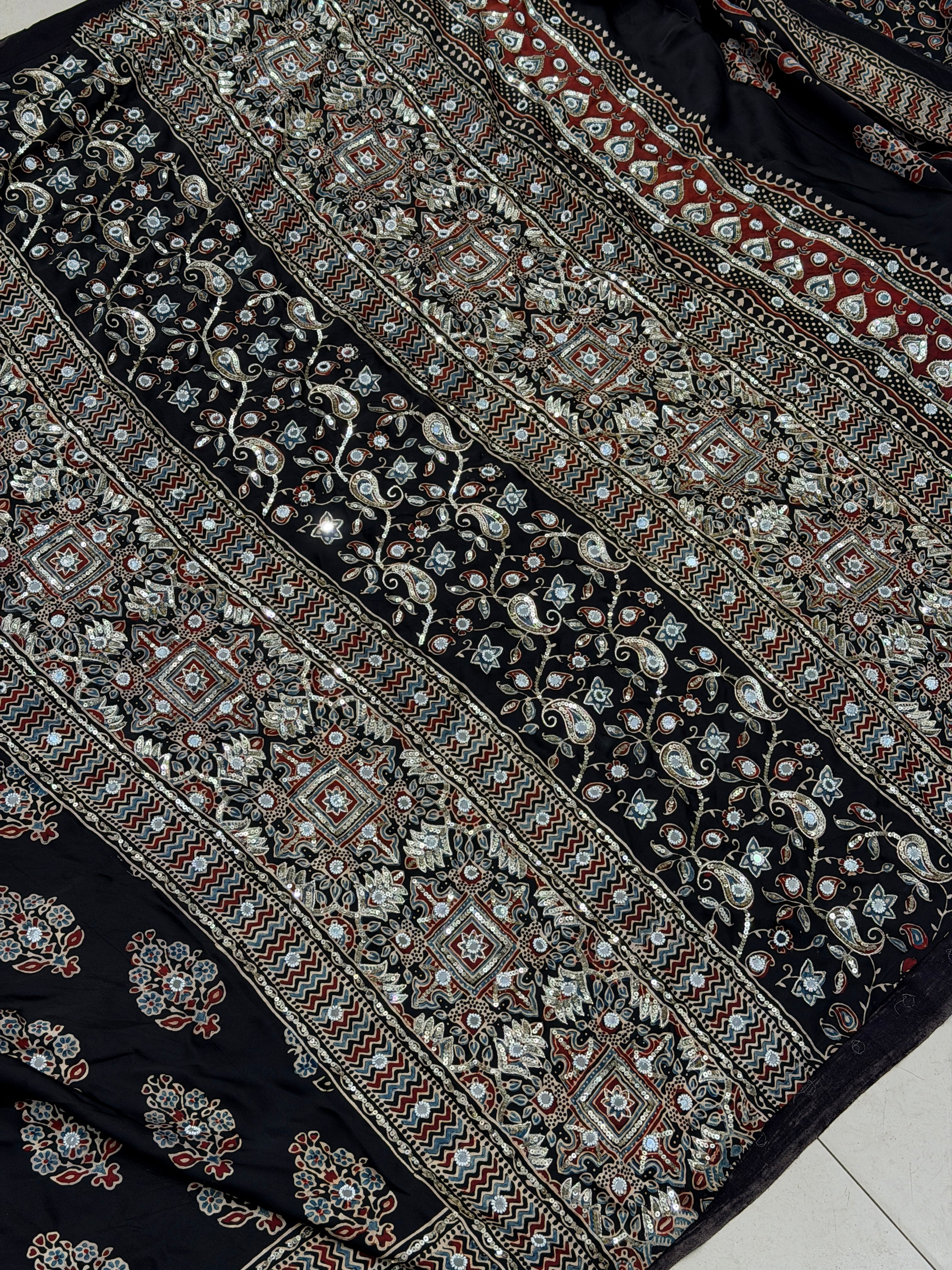 Black Ajrakh Butta Real Mirror Moti Sequin Hand Embroidery Saree