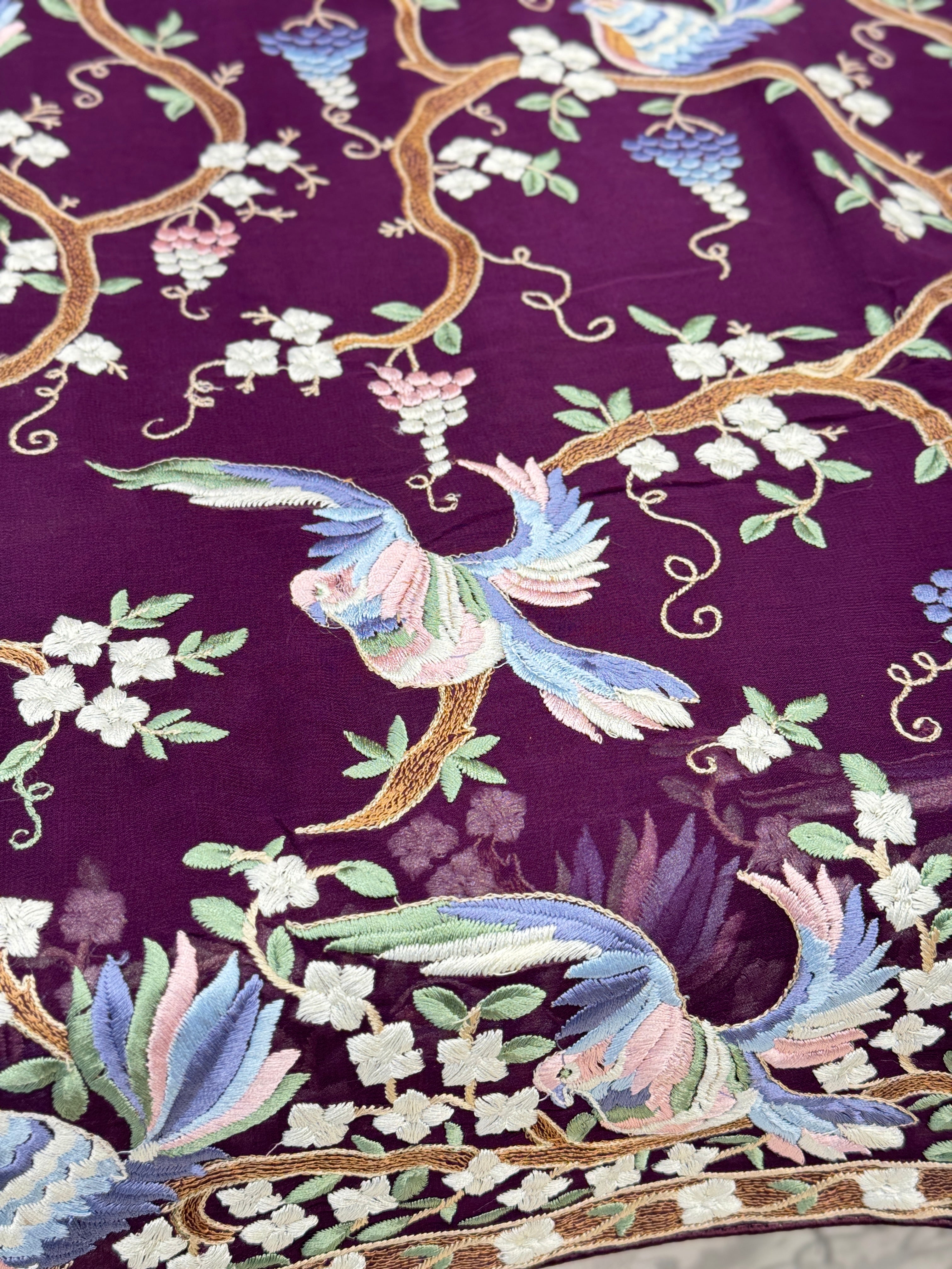 Wine Georgette Parsi Gara with Chakla Chakli Design Saree