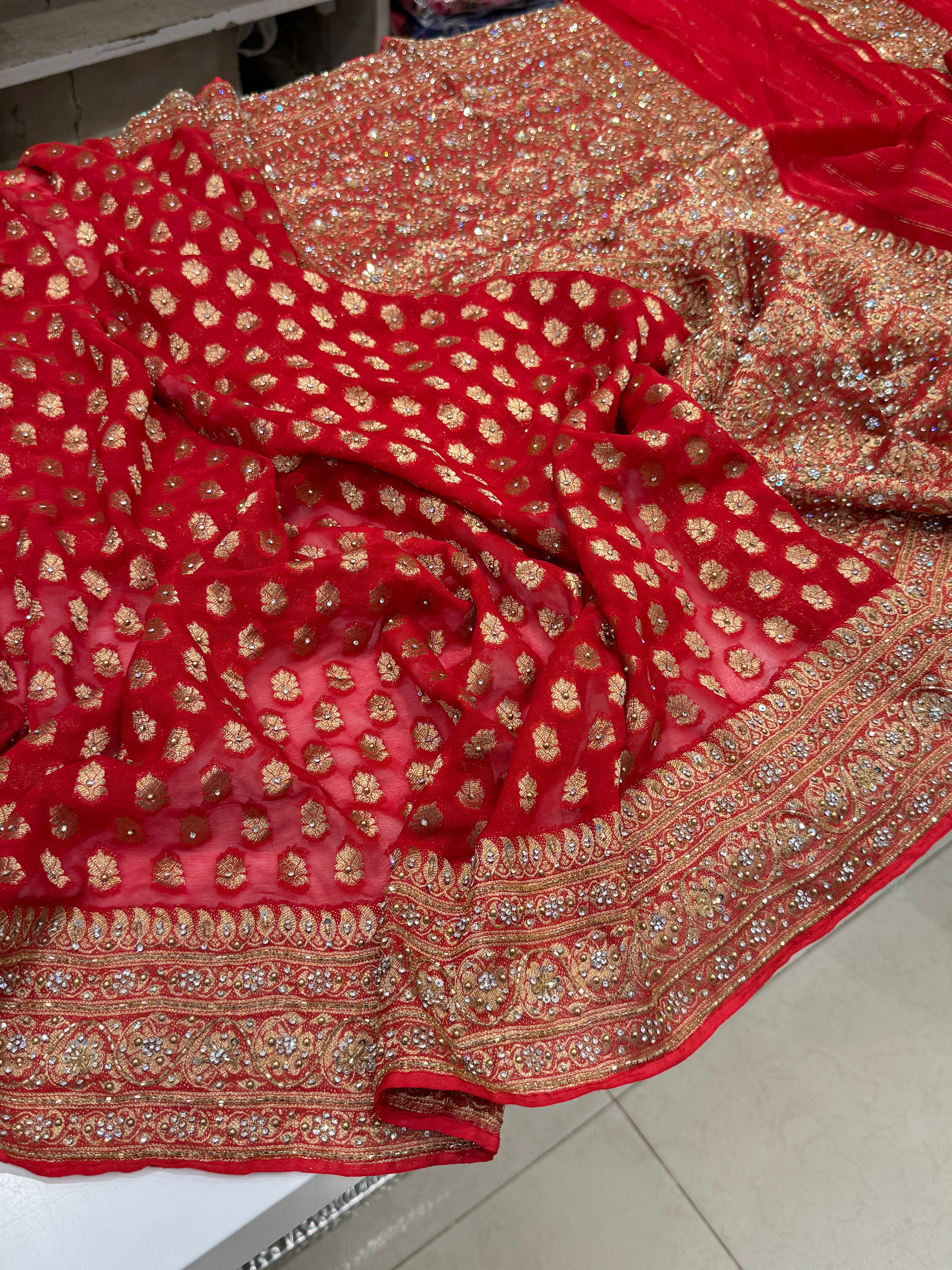 Red Banarasi Khaddi Georgette Hand Done Buttis