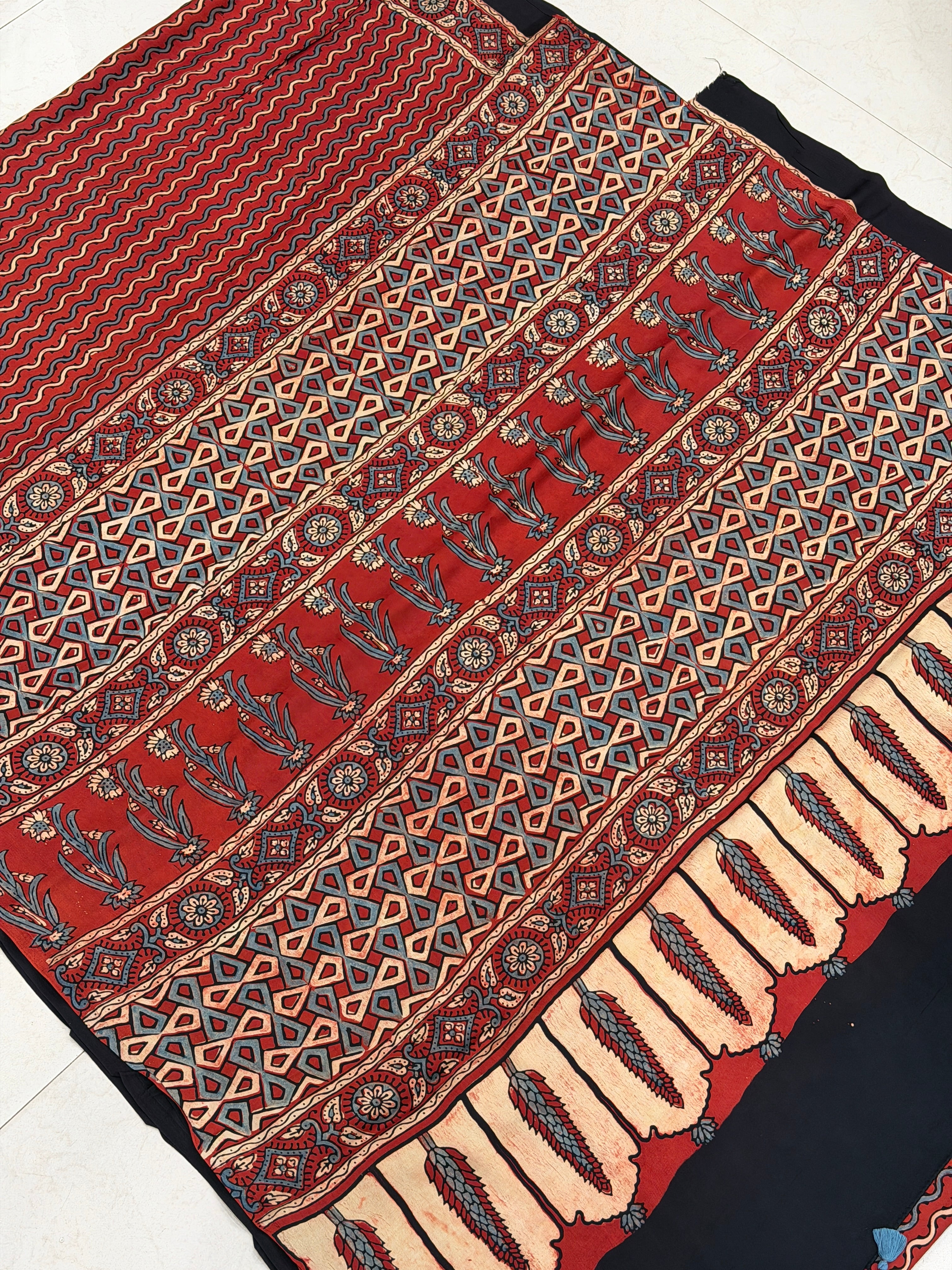 Red Squiggly Lines Ajrakh Hand Block Print Pure Modal Silk Saree