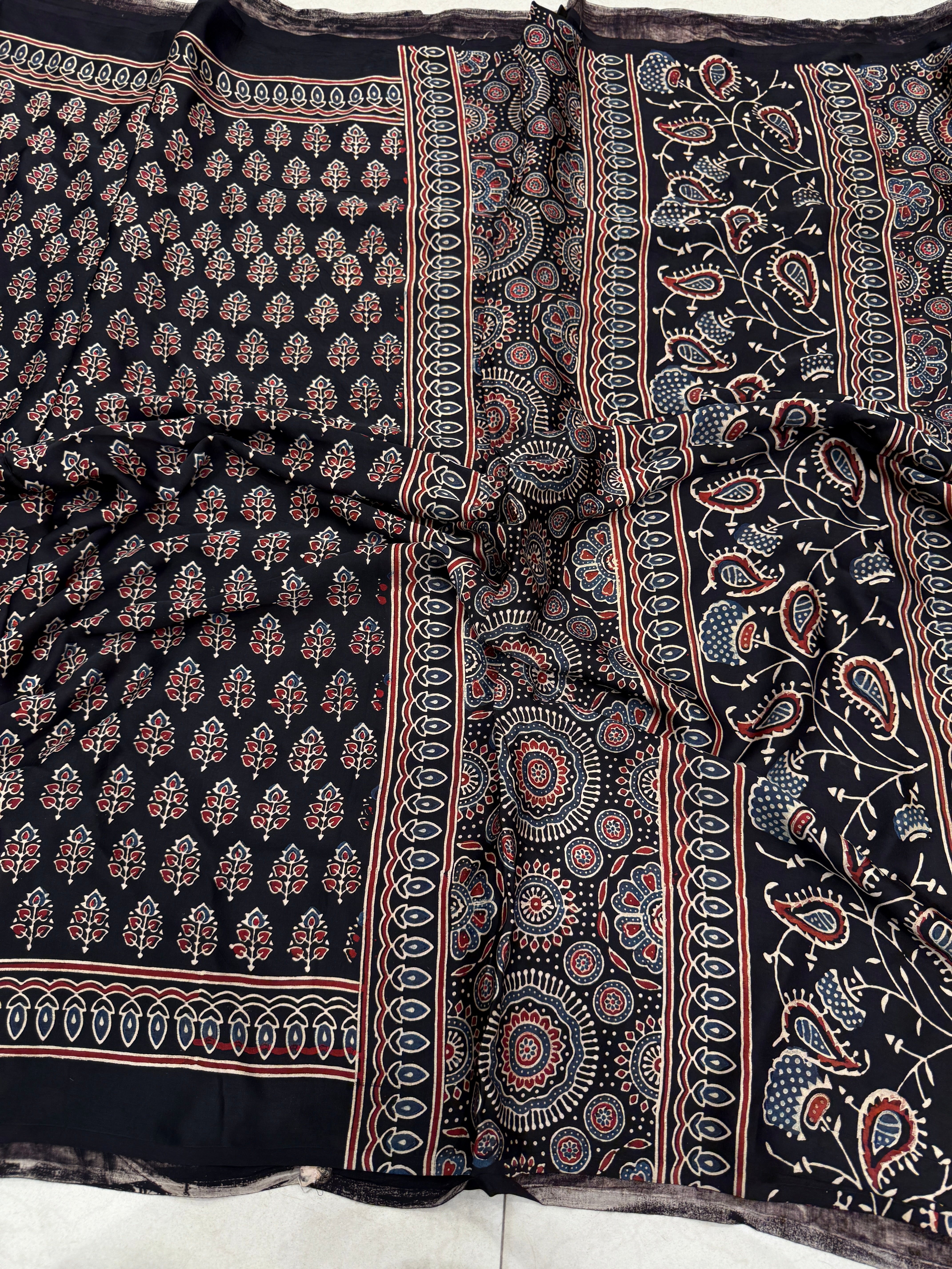 Black Keri Buttis Ajrakh Block Print Hand Pure Gajji Silk Saree