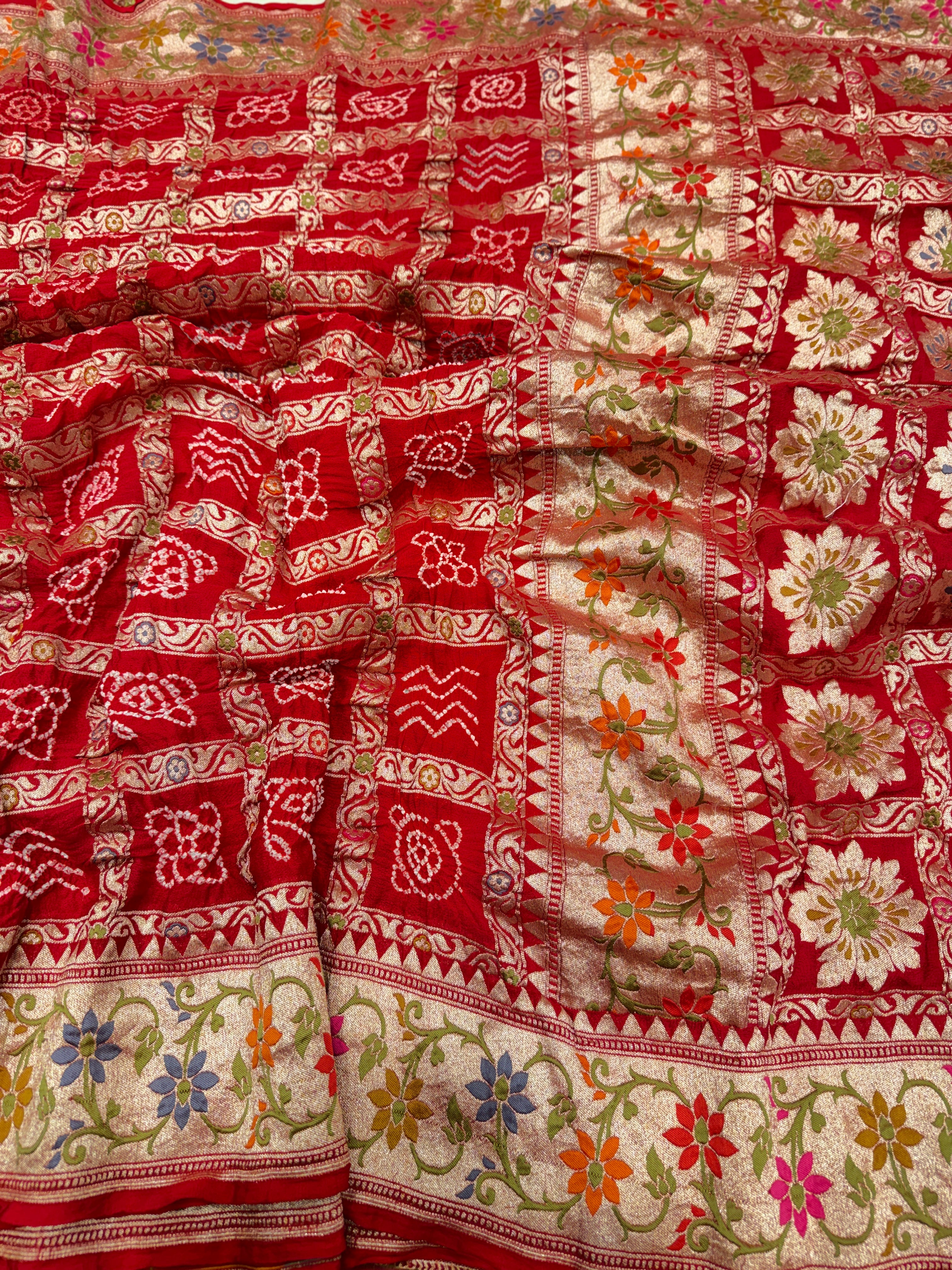 Red Gharchola Bandhej Meenakari Pure Georgette Rai Bandhej Saree