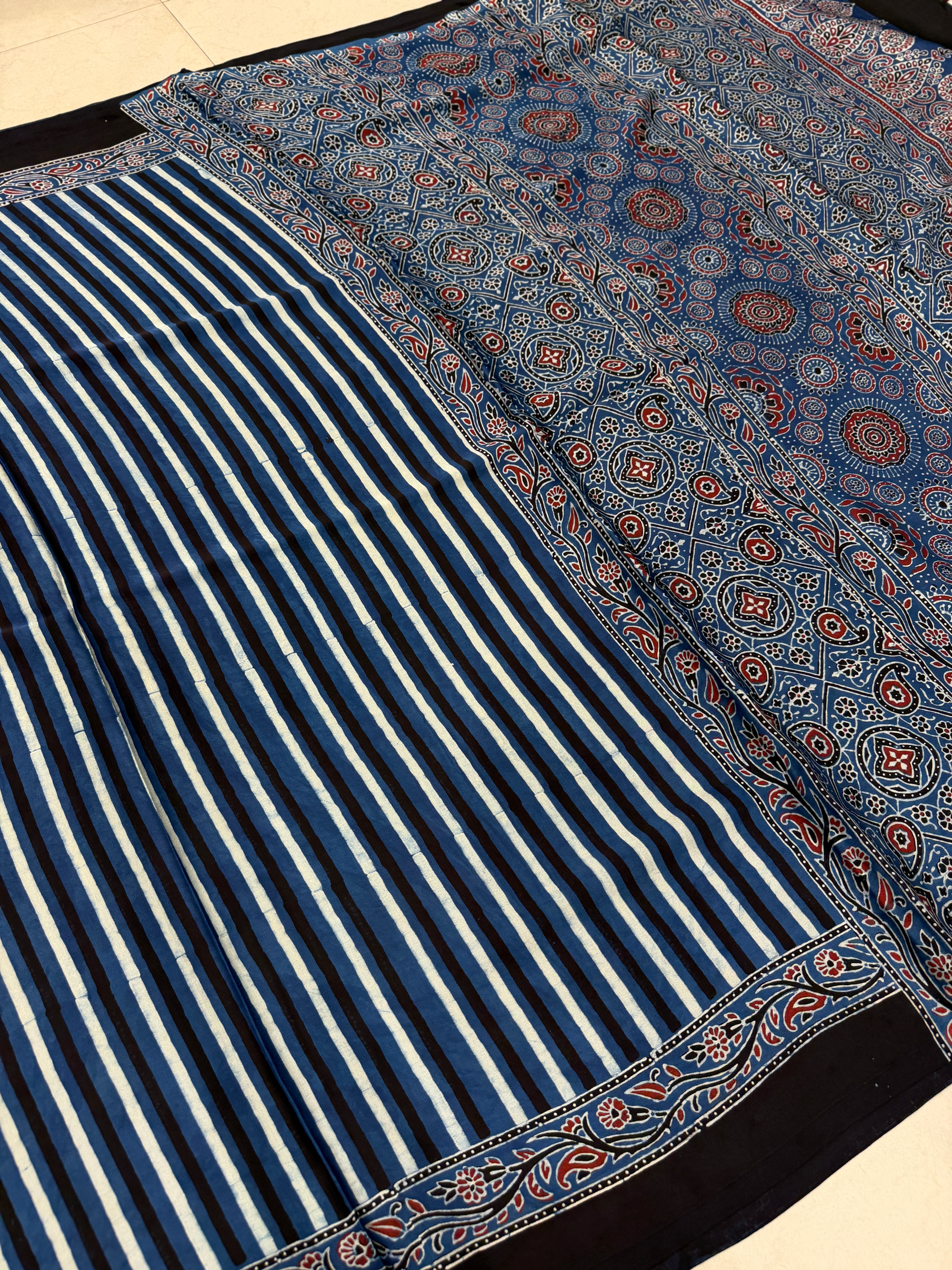 Blue Contemporary Ajrakh Block Print Hand Pure Gajji Silk Saree