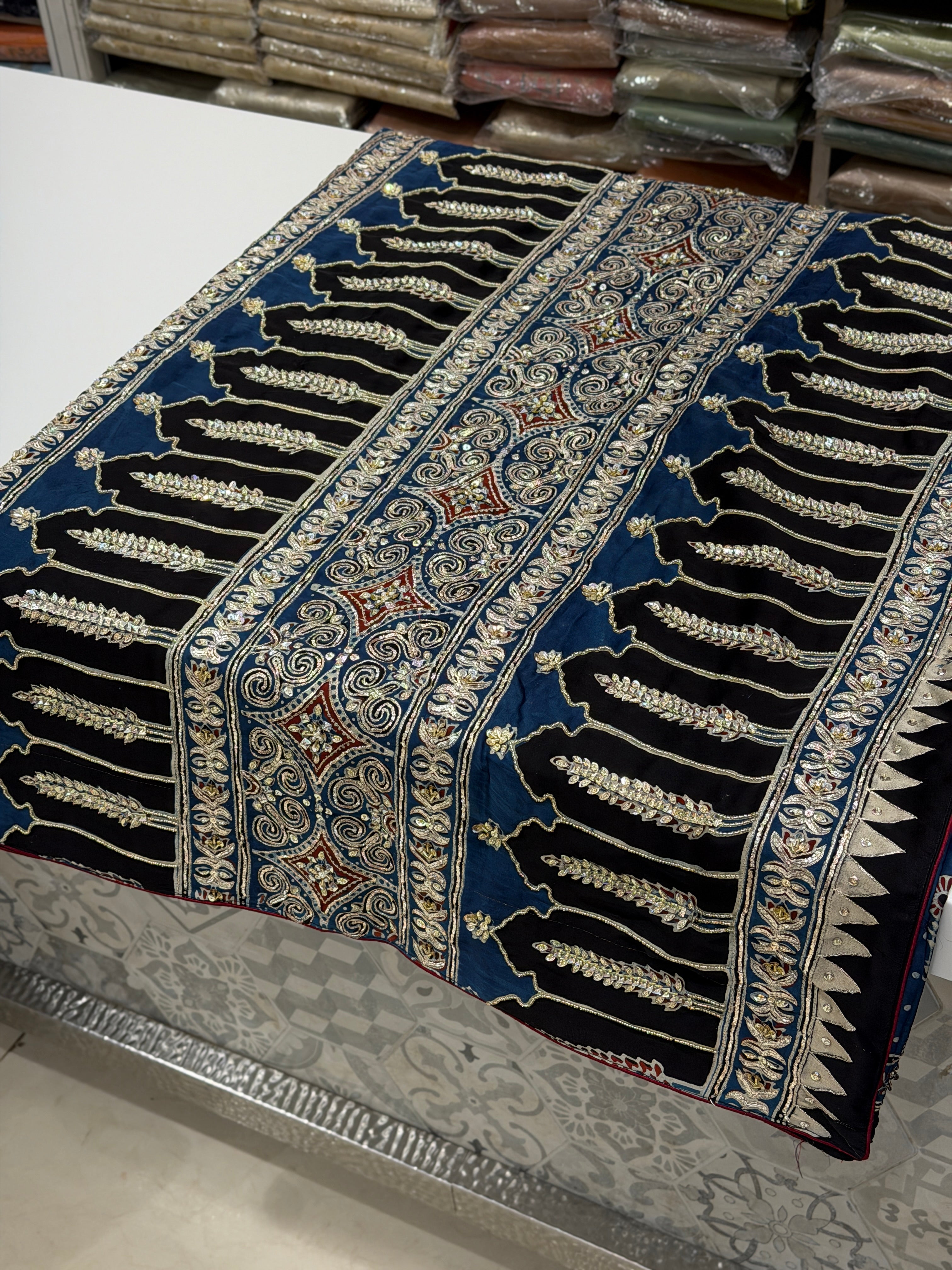 Blue Buttas Pita Zardosi Sequin Ajrakh Hand Embroidery Saree