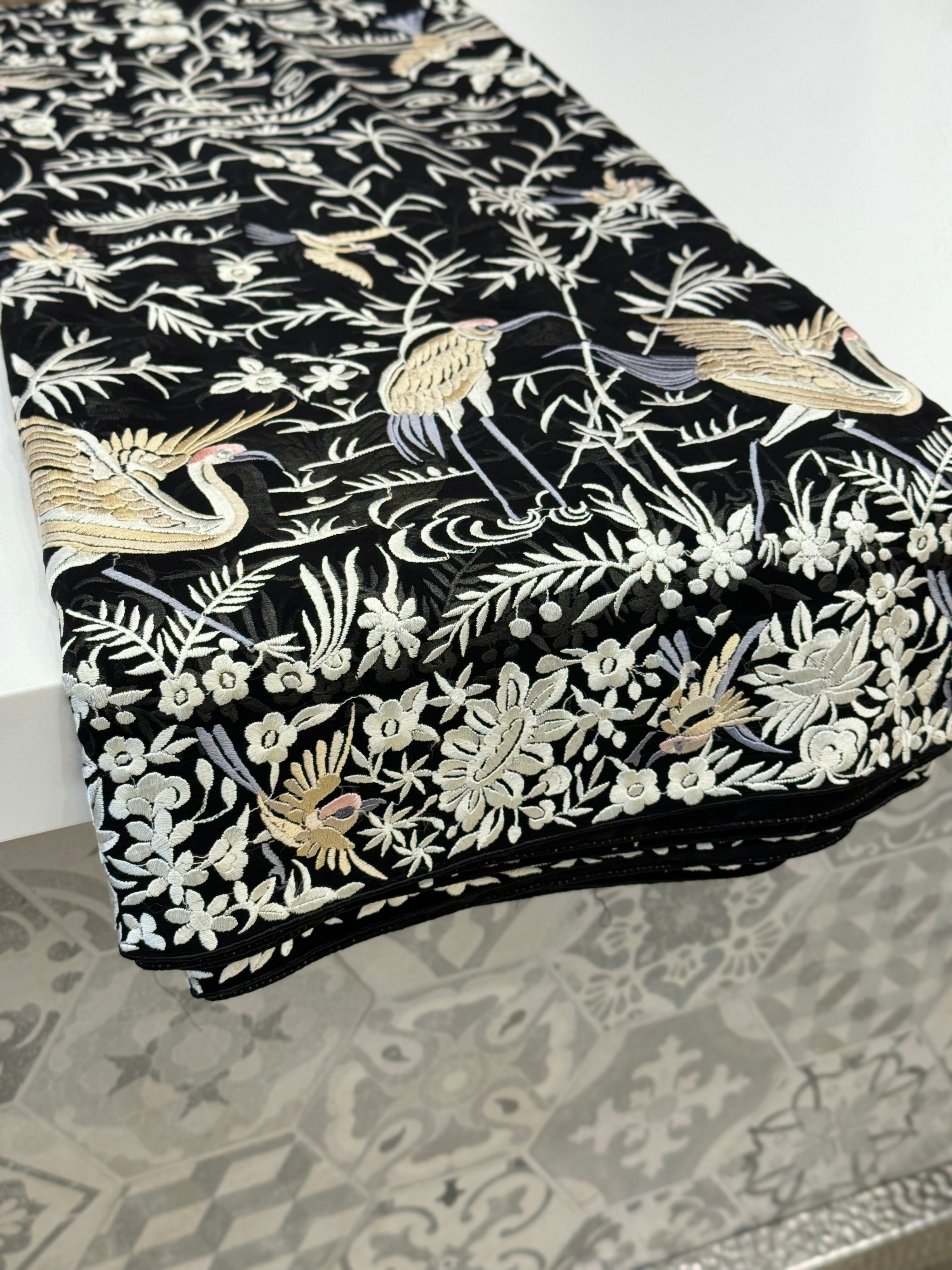 Black Parsi Gara Flying Flamingo Georgette Saree