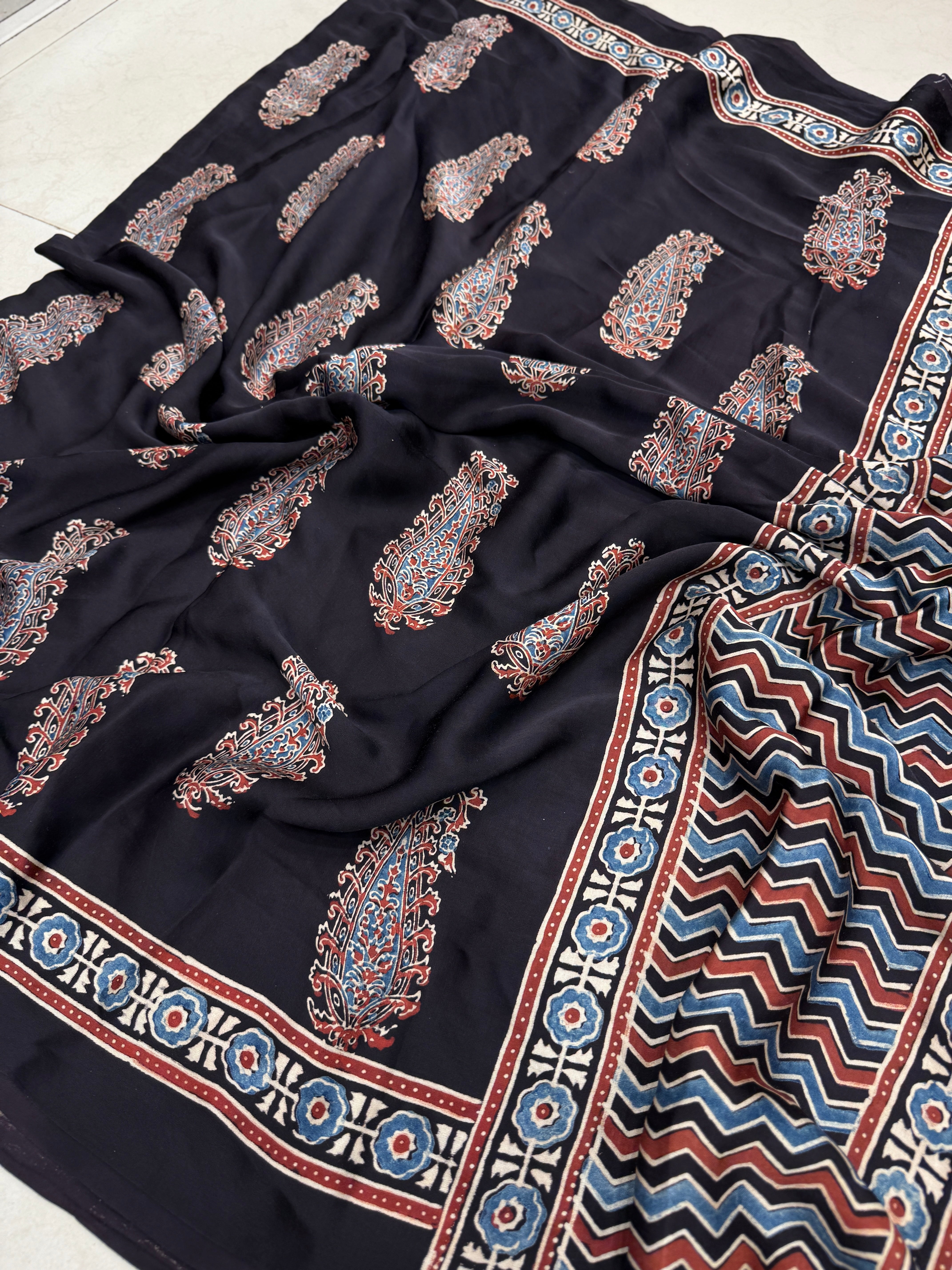 Black Big Keari Butta Ajrakh Block Print Hand Pure Gajji Silk Saree