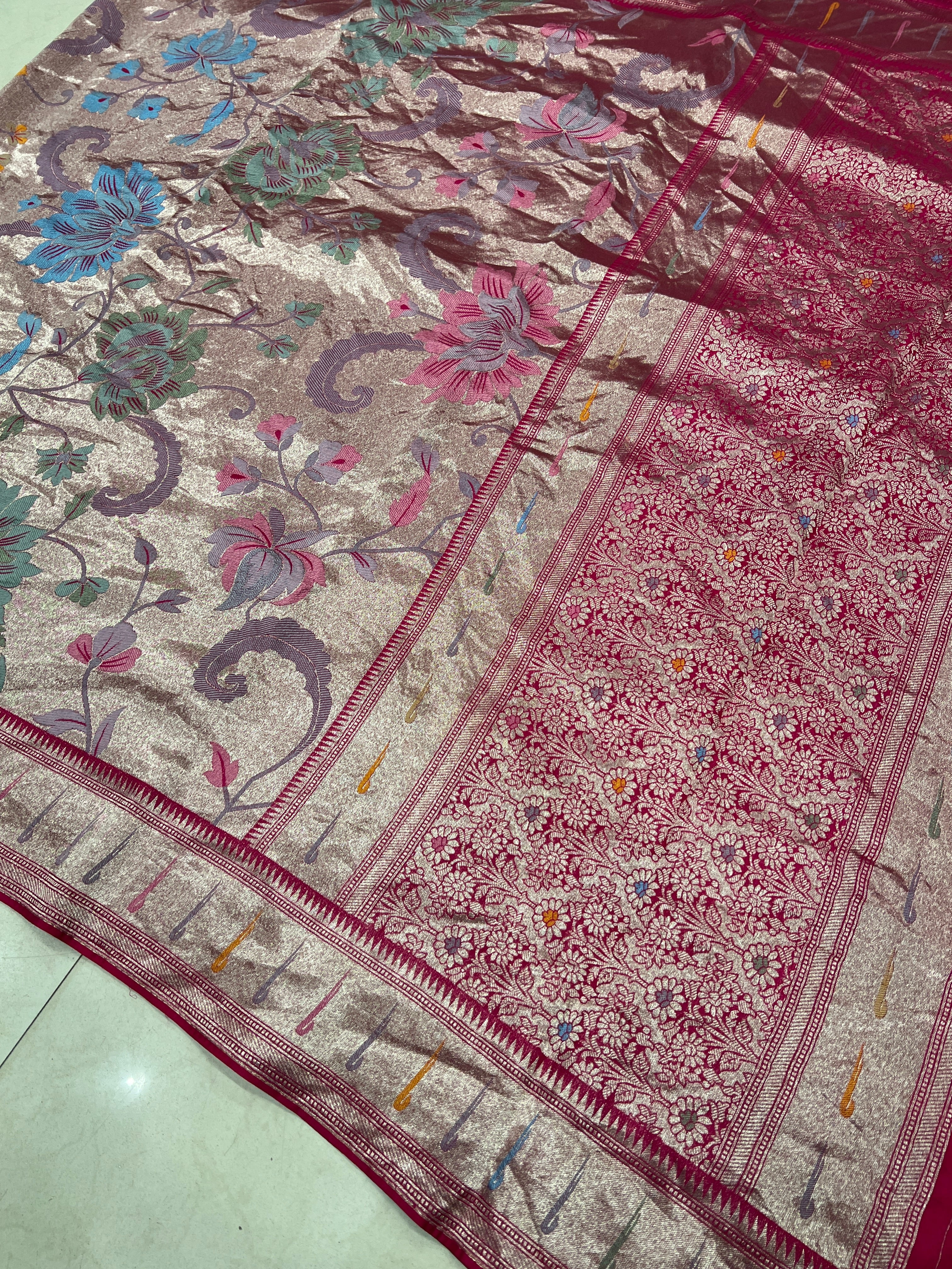 Rani Pink Silver Meenakari Muniya Tissue Munga Banarasi Paithani Saree
