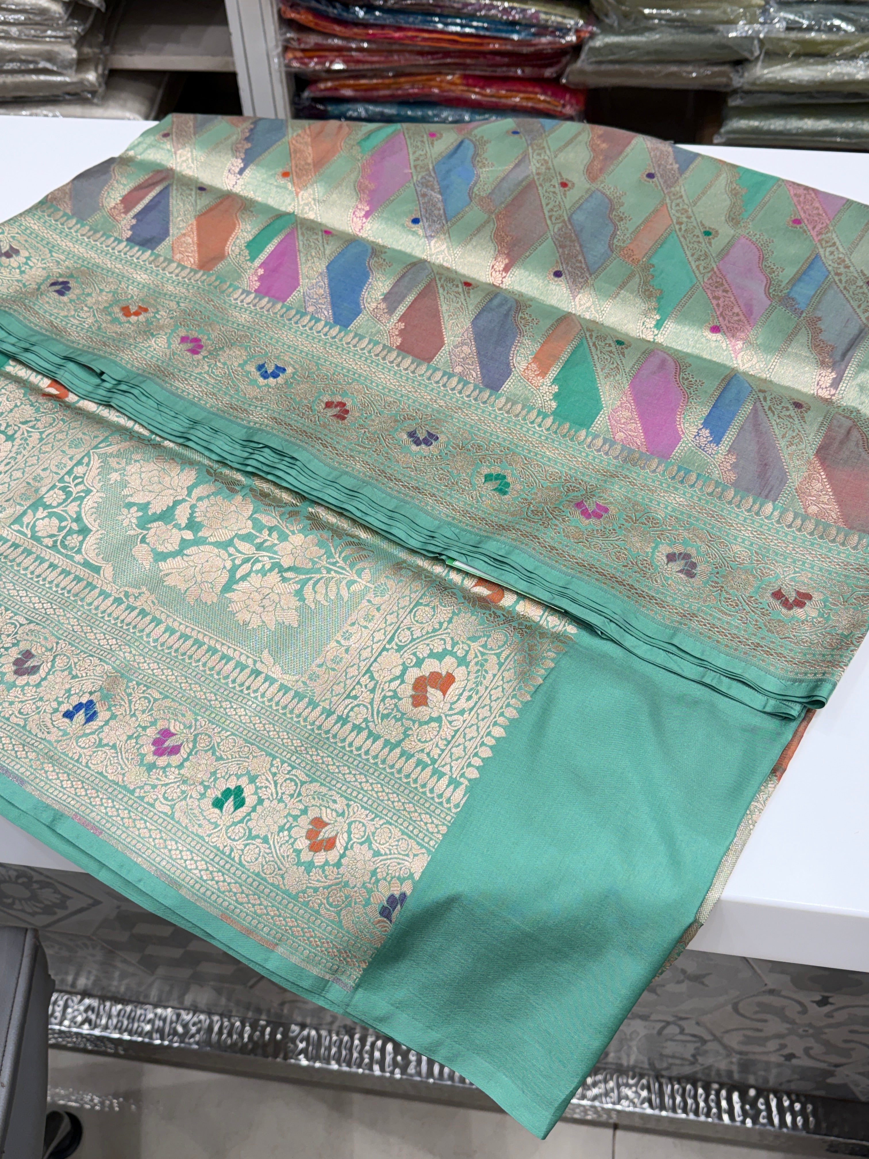 Sea Green Banarasi Rangkat Handloom Katan Pure Silk Saree