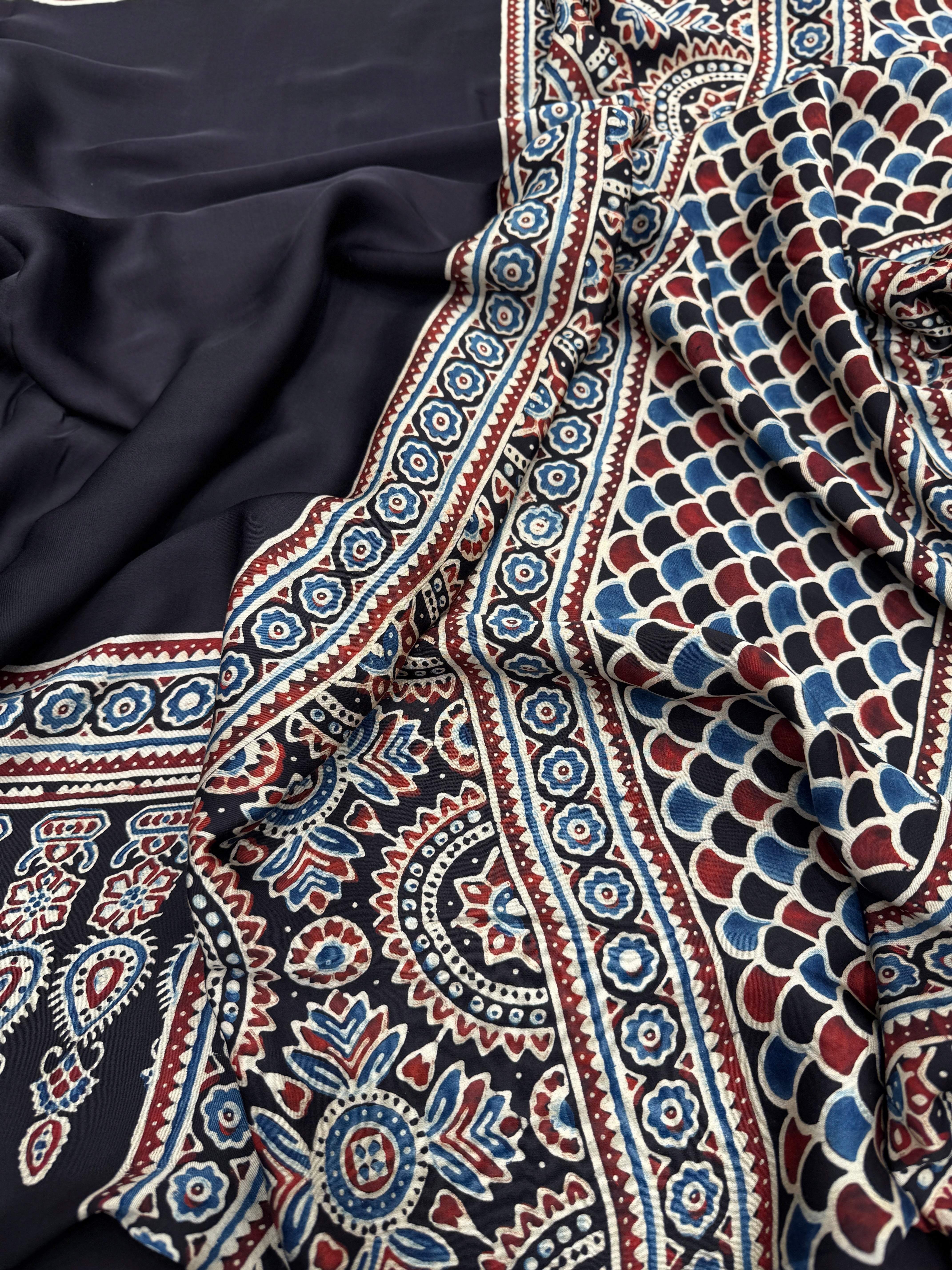 Black Plain Border Modal Gajji Silk Handblock Print Ajrakh Saree