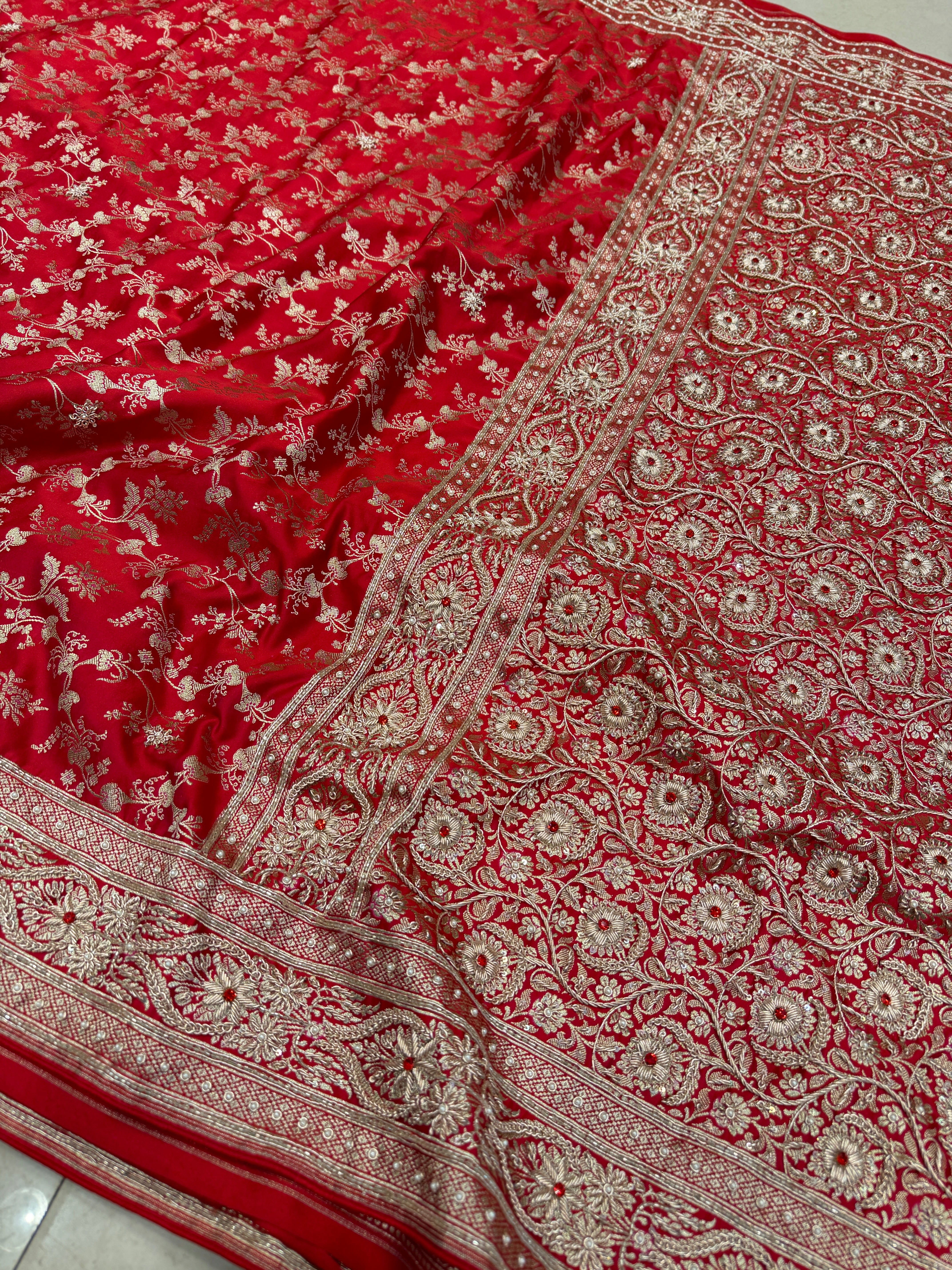 Red Banarasi Periwinkle Jaal Zardosi Crystal Hand Embroidery Saree