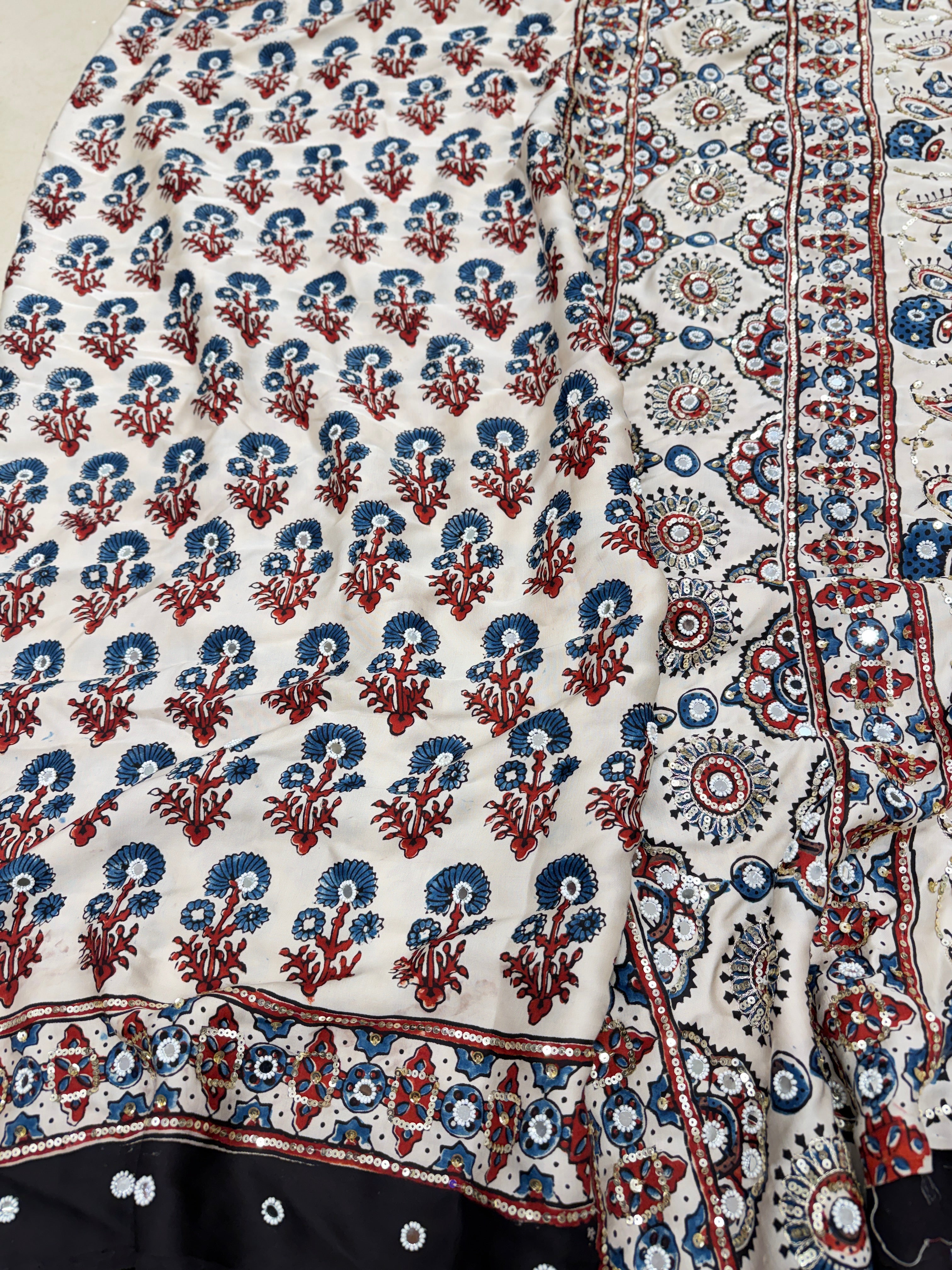 White Ajrakh Real Mirror Moti Sequin Hand Embroidery Saree