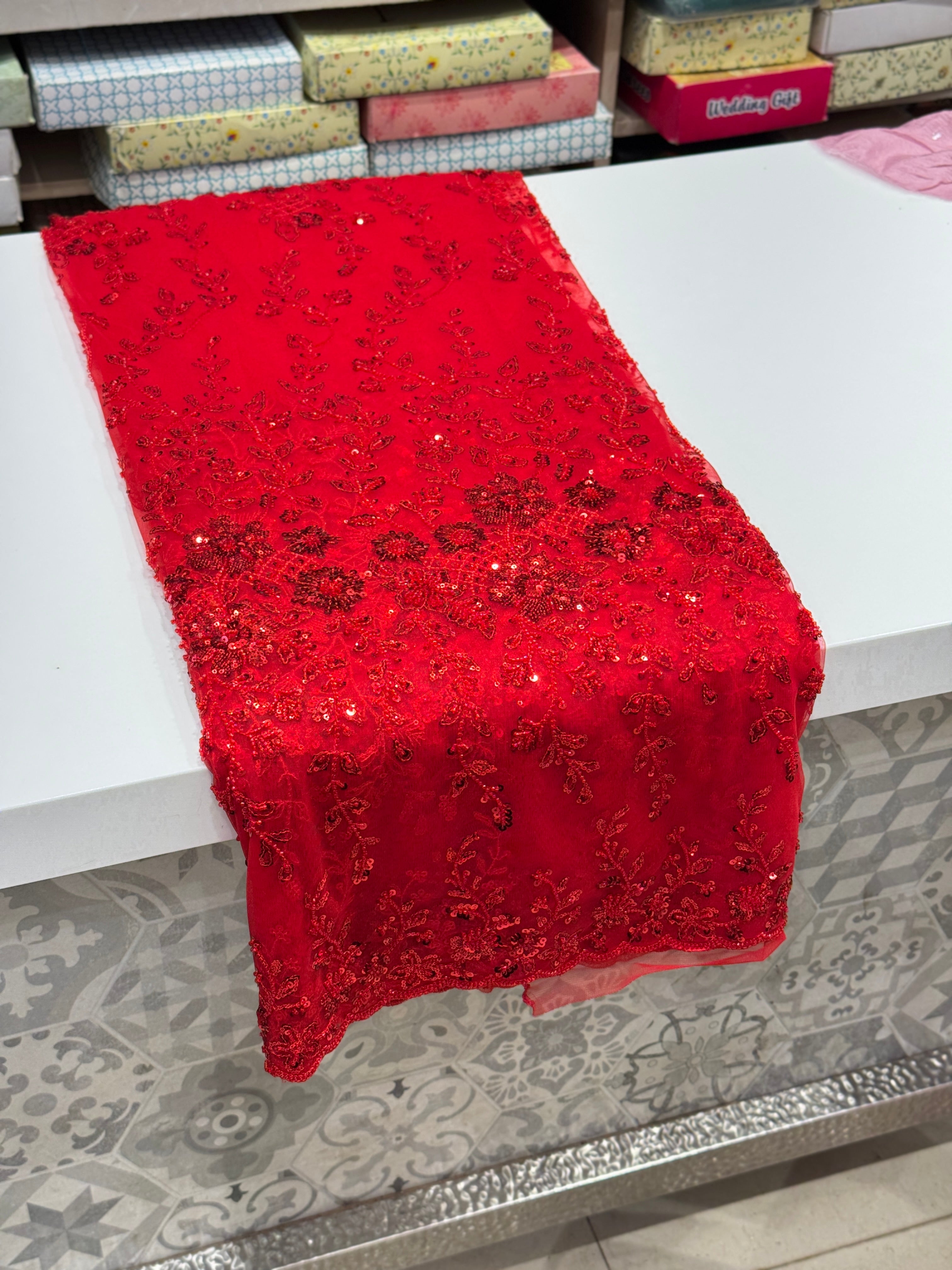 Red Net Embroidery Sequin Saree