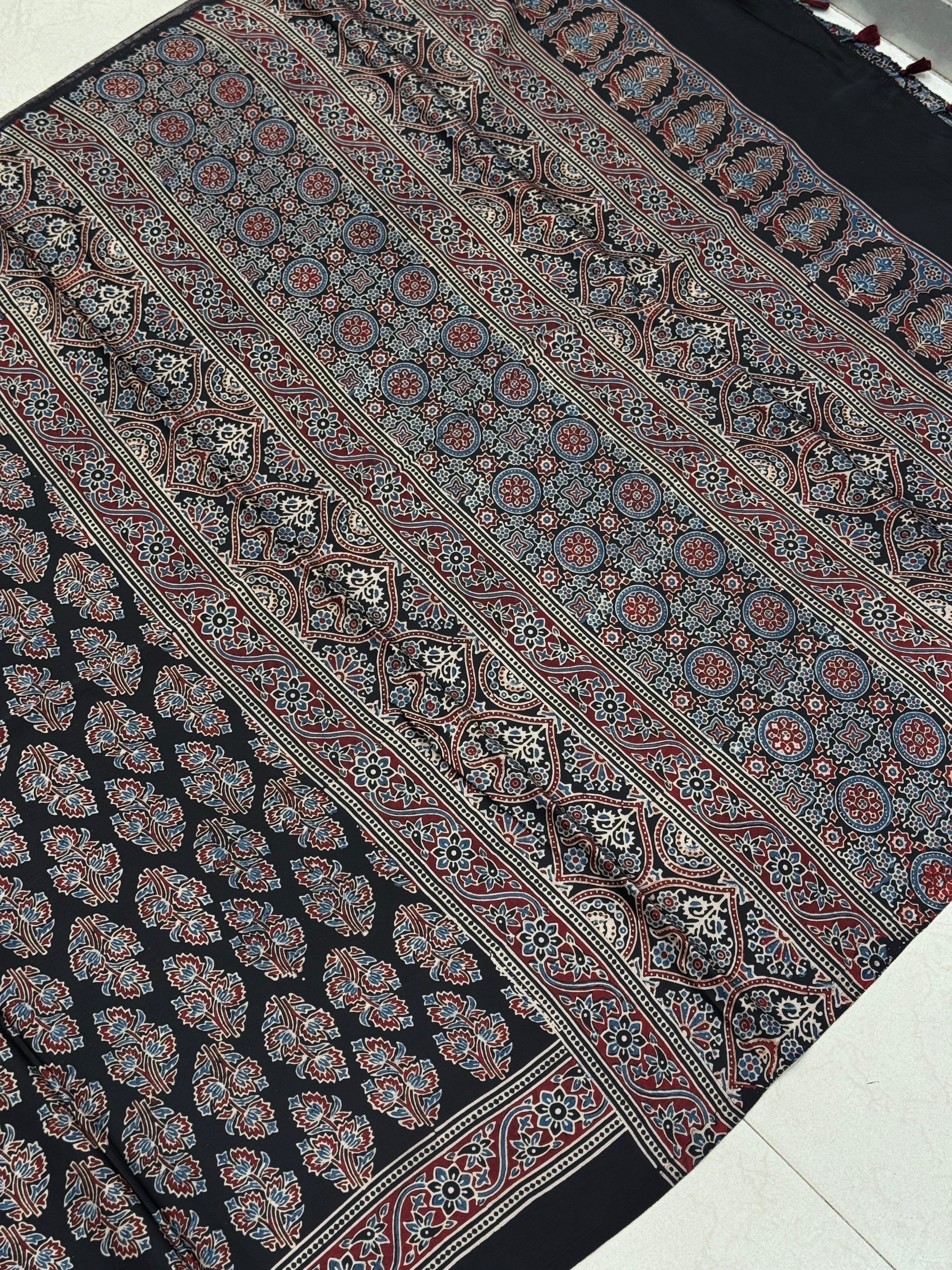 Black Tree Buttas Hand Block Print Ajrkah Pure Gajji Silk Saree