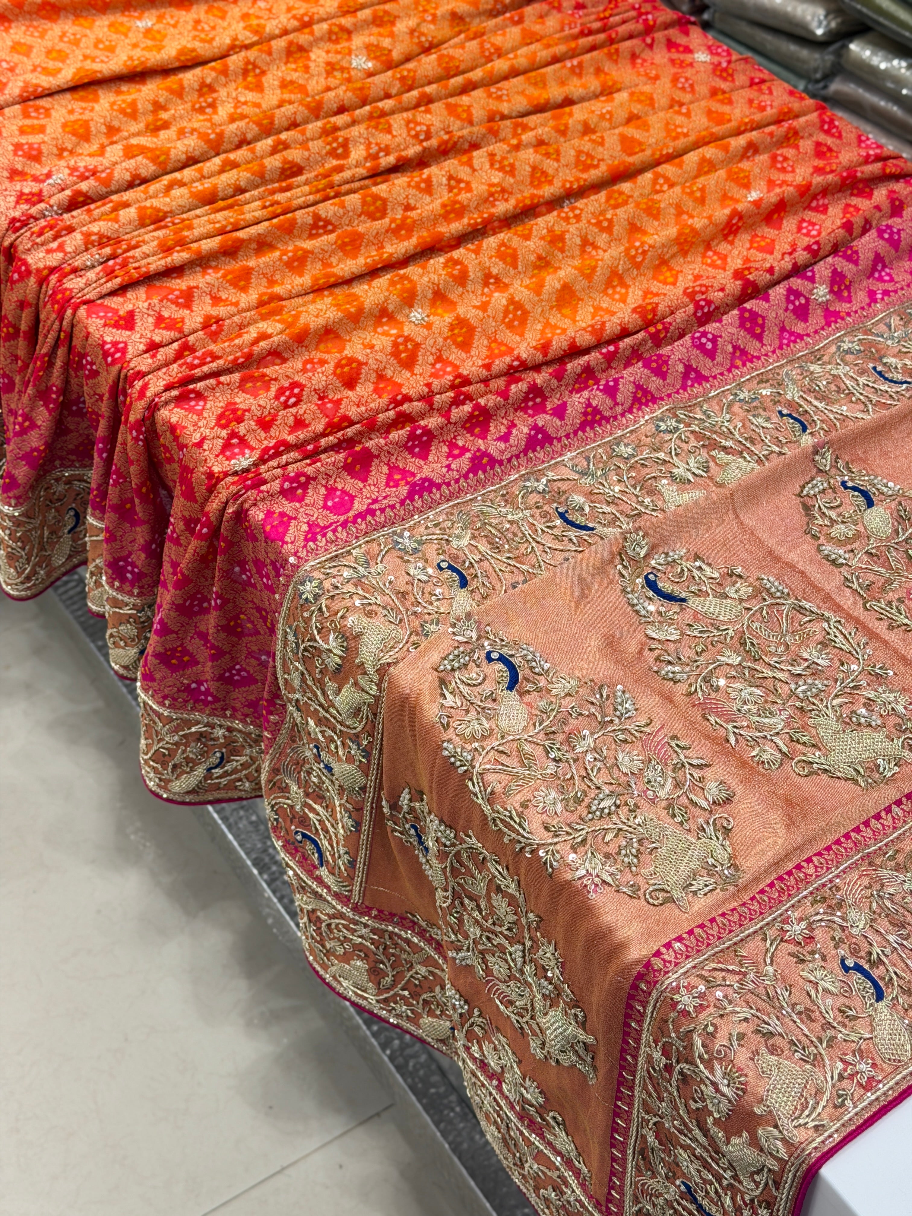 Orange Rani Shaded Meenakari Peacock Zardosi Hand Embroidery Saree