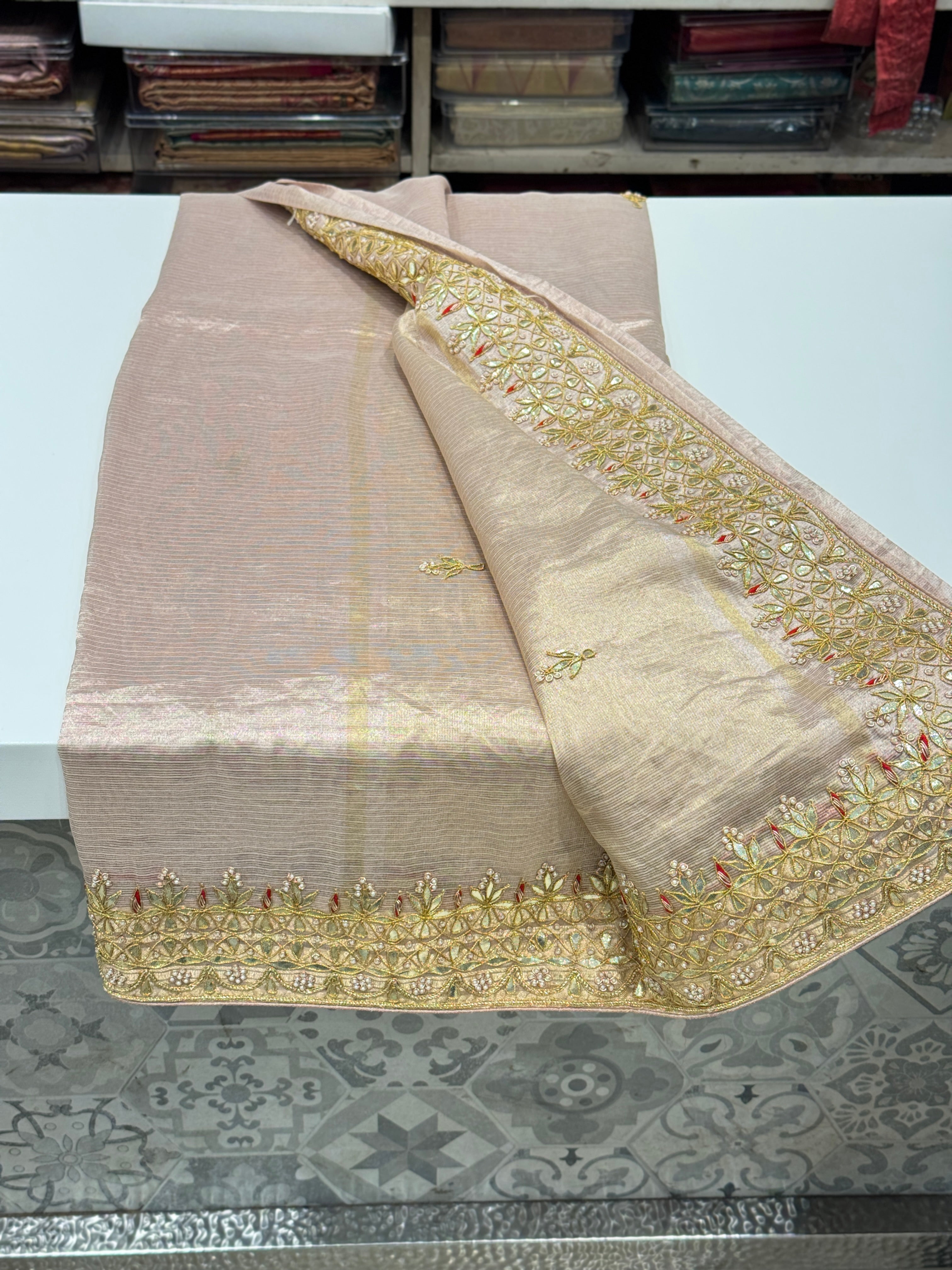 Pink Tissue Handloom Gotapatti Zardosi Hand Embroidery Saree