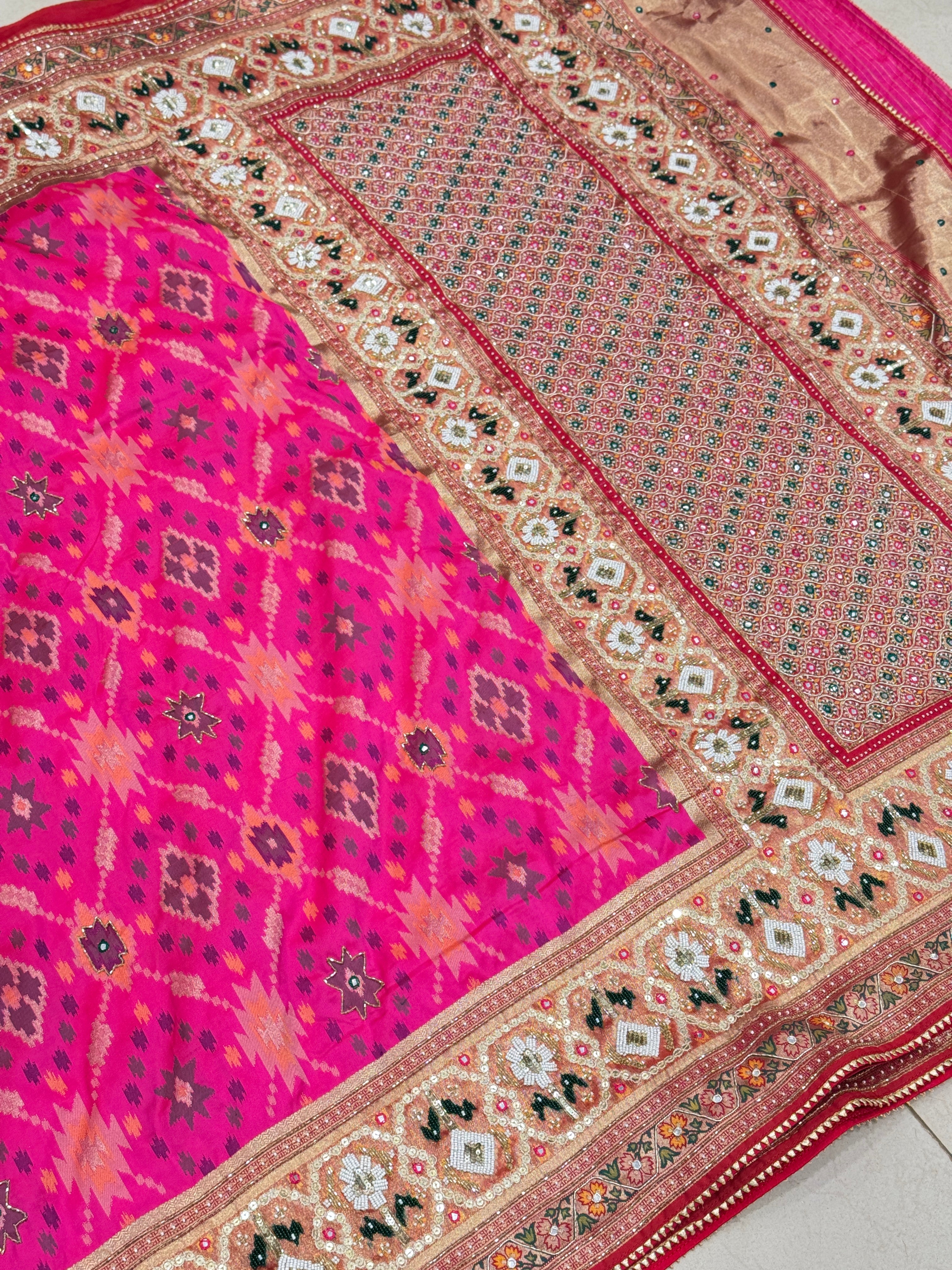 Rani Patola Kutchi Moti Embroidery Saree